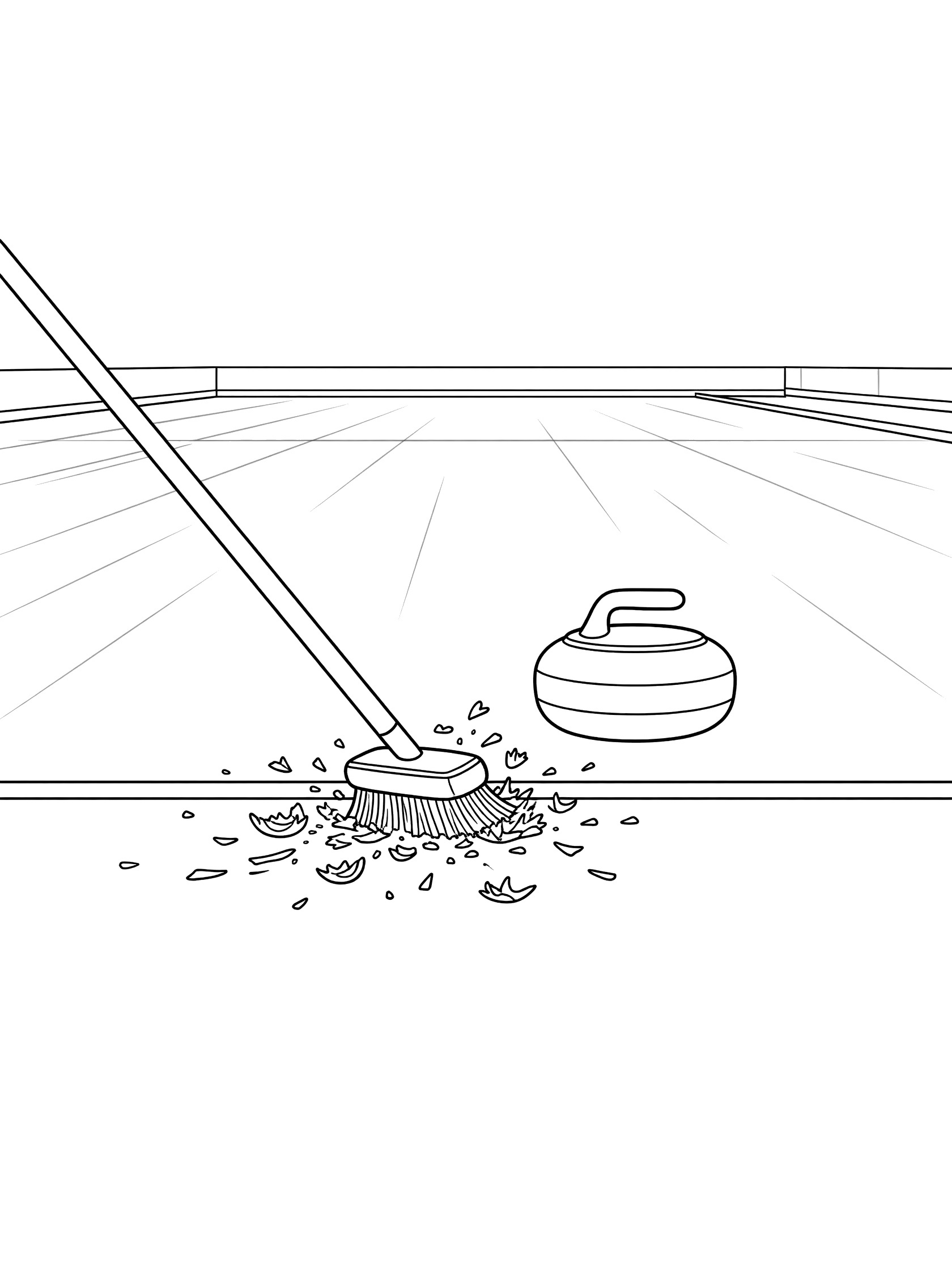 Black and white line art of a curling broom sweeping scattered ice shavings at the hog line, curling stone on ice rink