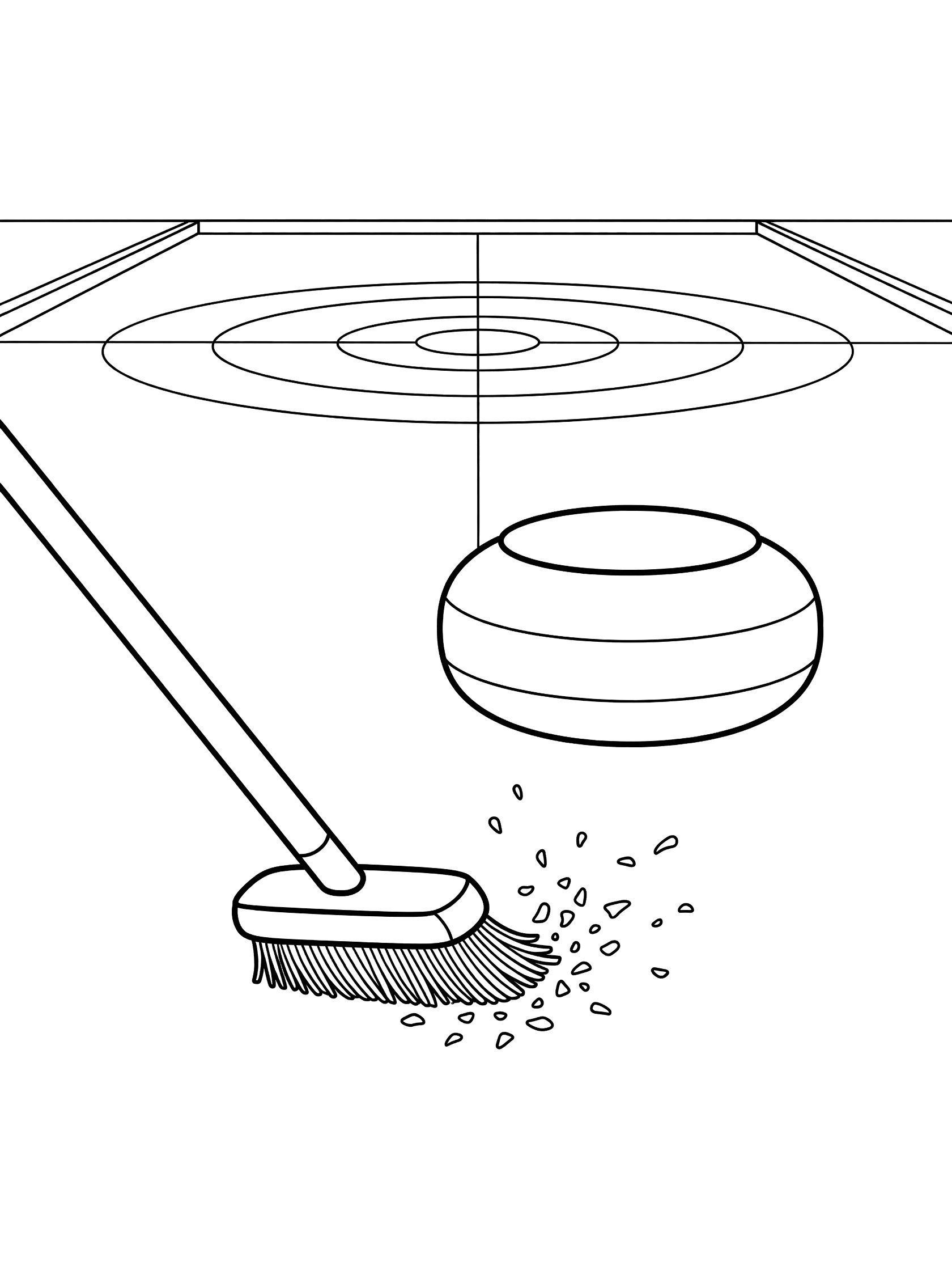 Black-and-white coloring page of a curling broom sweeping in front of a large round curling stone sliding on ice rink with target circles and flying ice shavings.