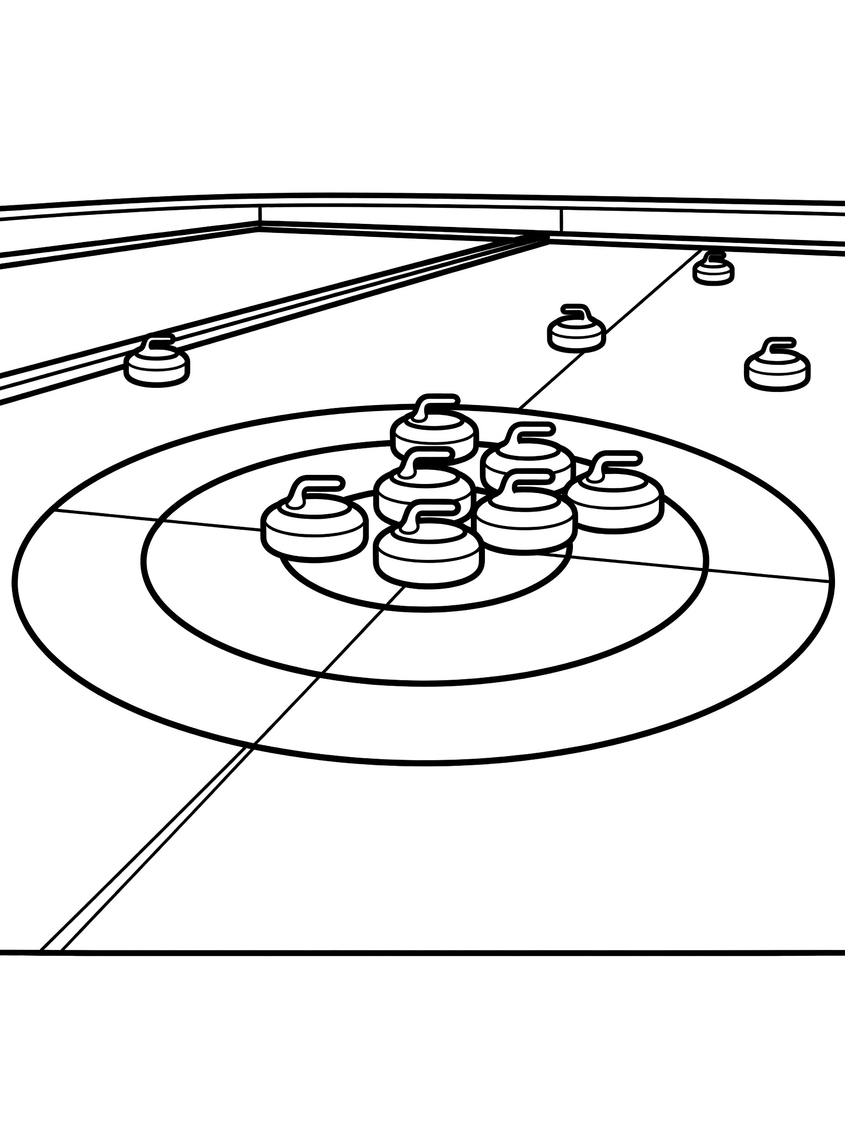 Black-and-white line art of curling house target with several stones clustered inside the circles on ice rink, some near the button.