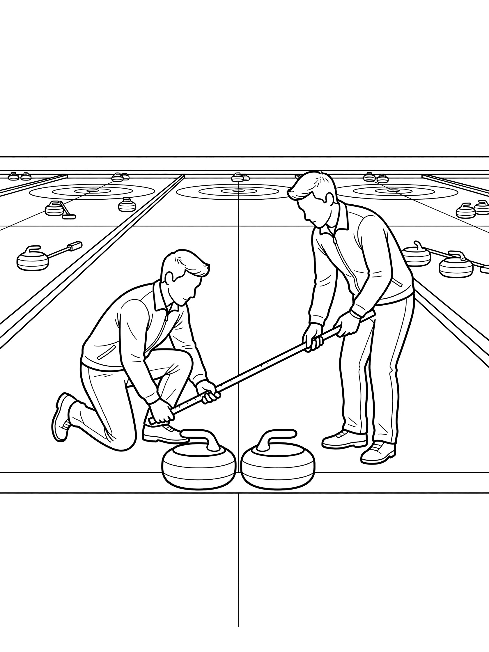 Black and white line art of curlers measuring two close stones with a stick near the hog line on the ice sheet, house in the distance.