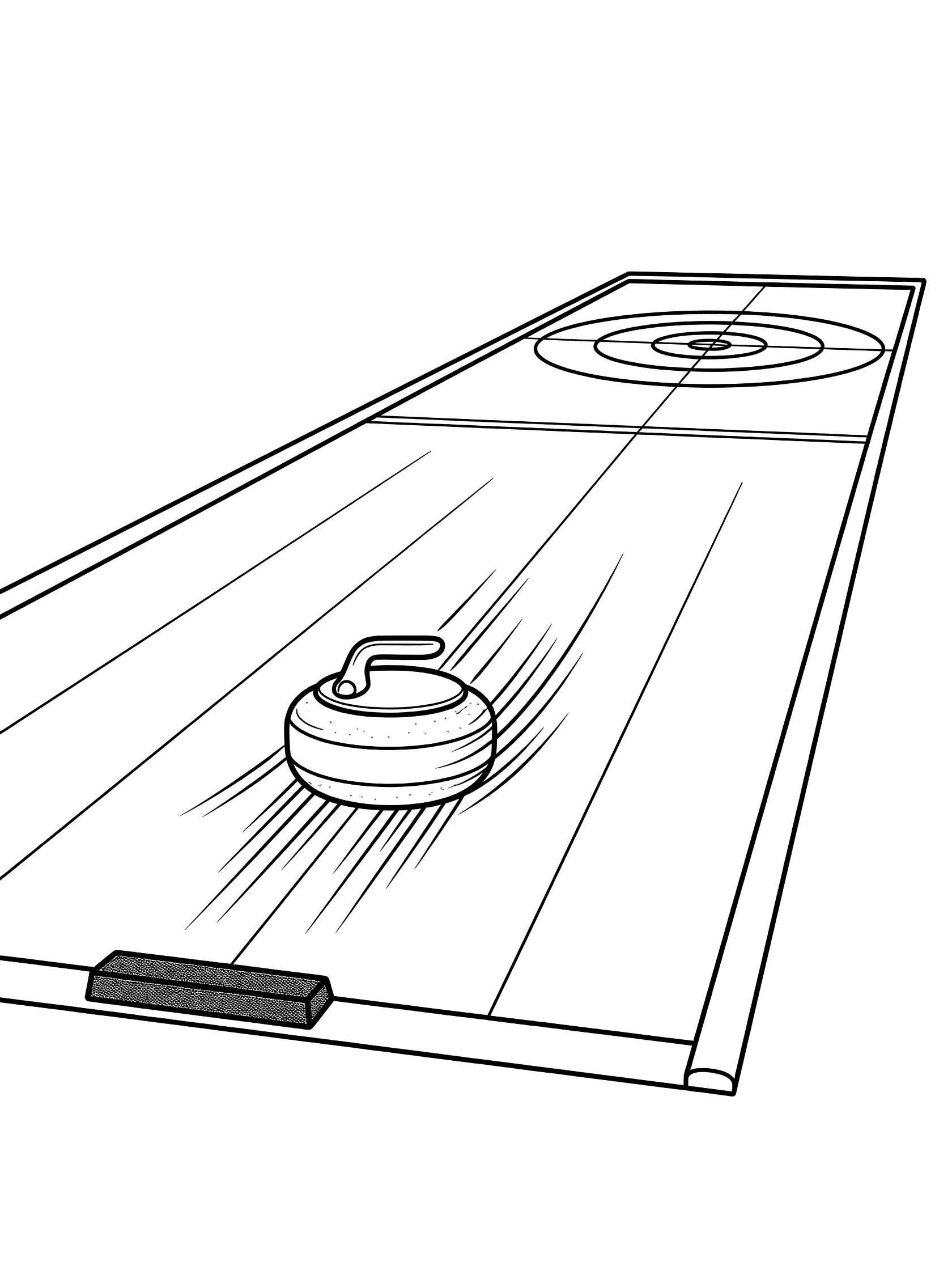 Line art coloring page showing a curling stone released from the hack with motion lines sliding on curling ice toward distant house rings
