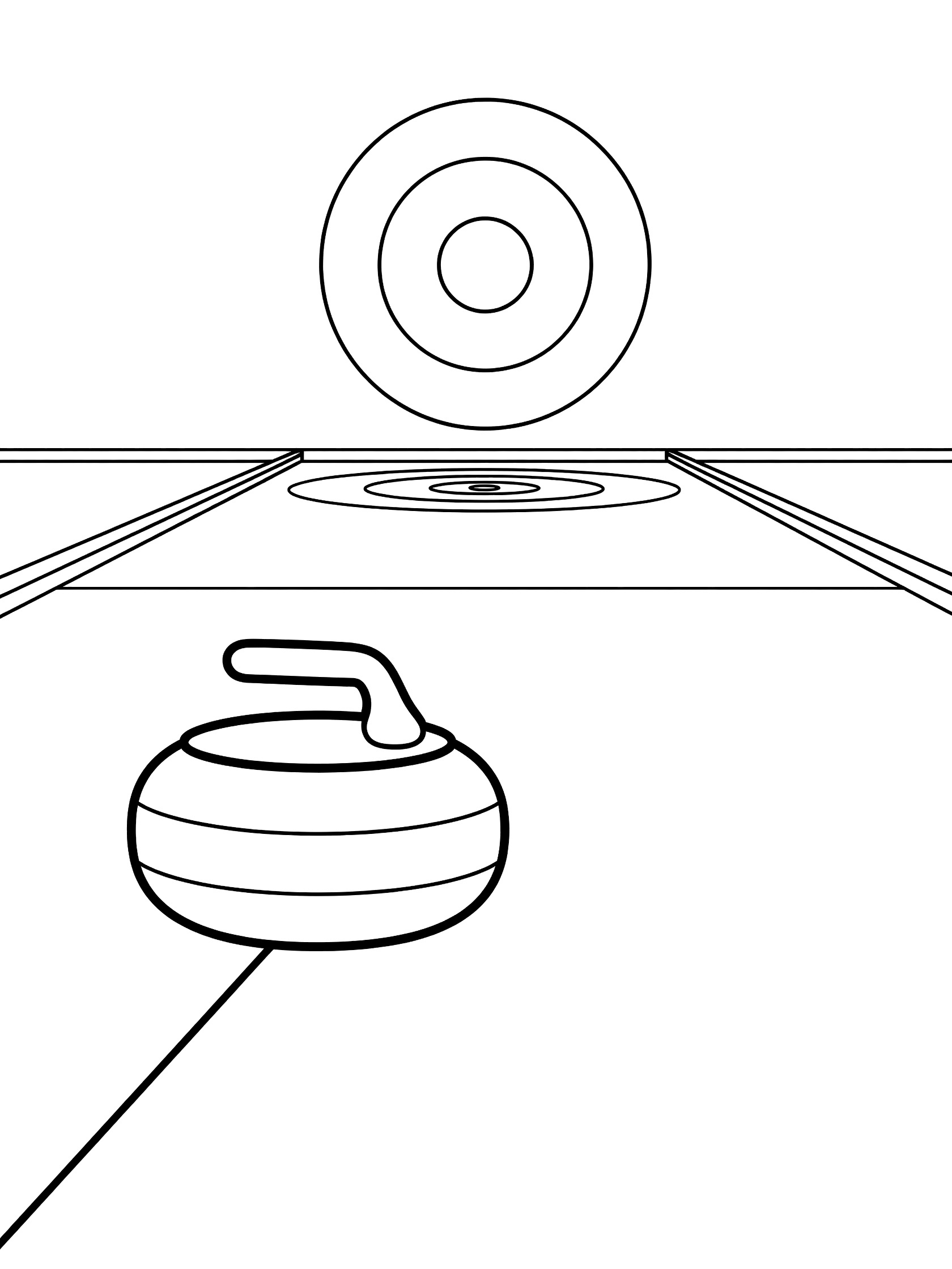 Line art coloring page showing a curling stone sliding on rink ice toward the curling house with concentric circles and button target