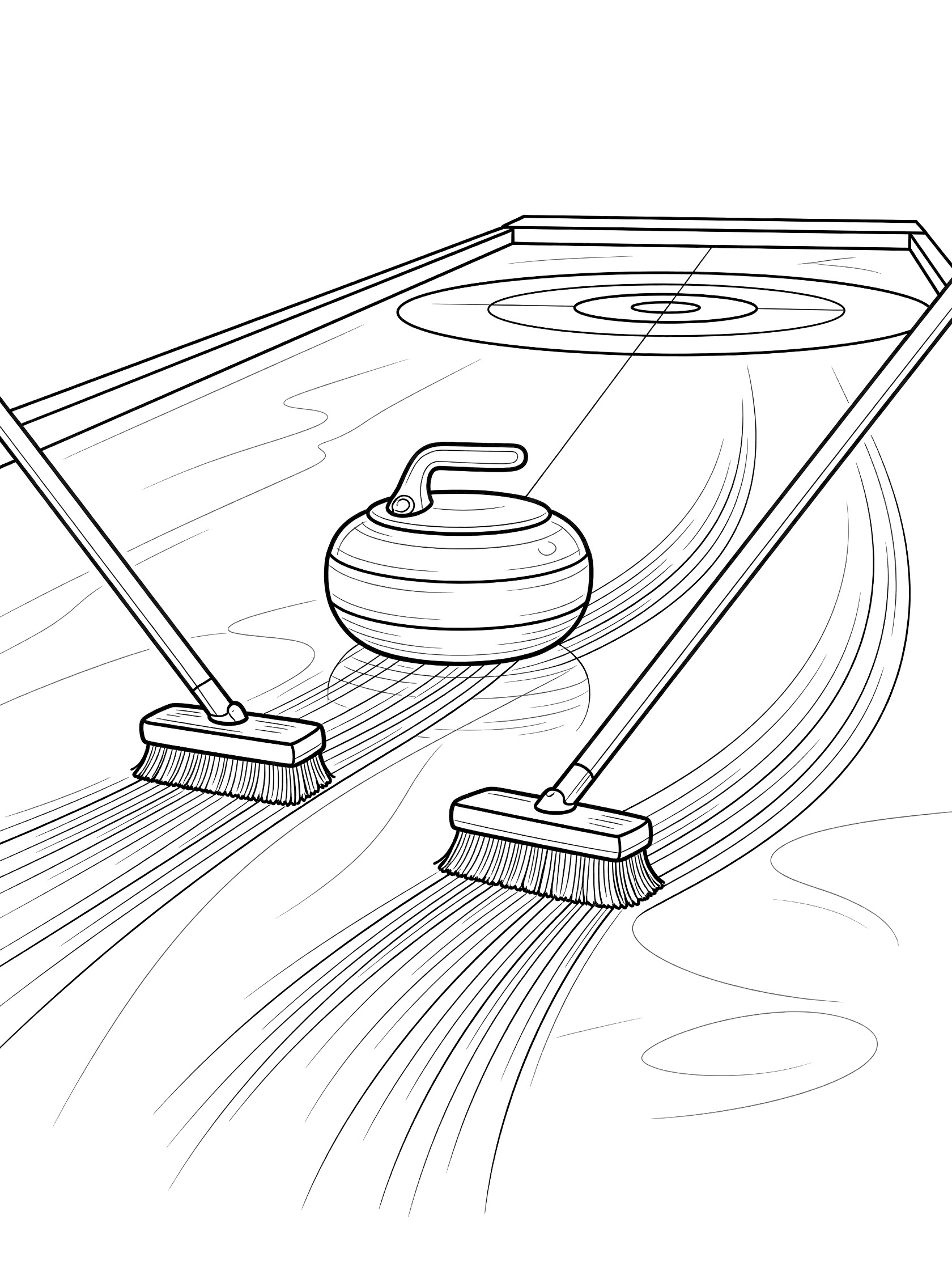 Black and white line art of a curling stone being swept by two brooms on ice, showing curved sweep lines and the target house.