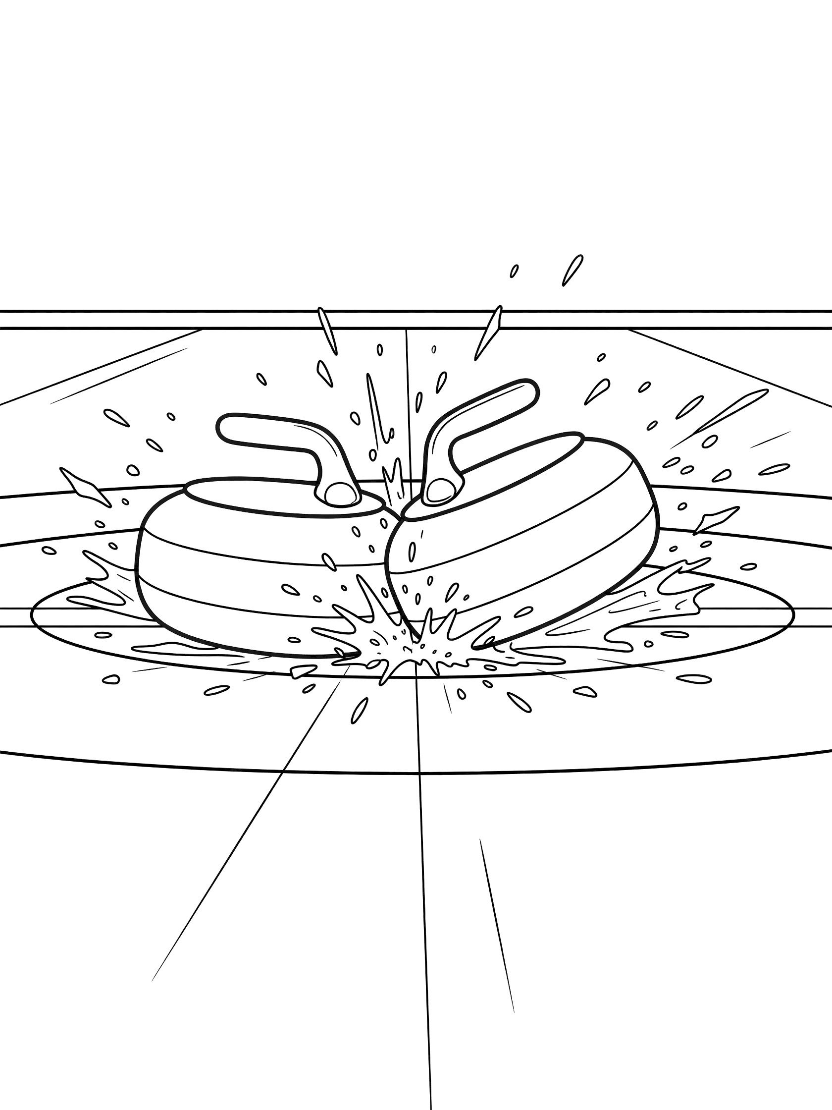 Black and white coloring page of two curling stones colliding forcefully on the curling sheet, handles angled, ice chips flying from impact.