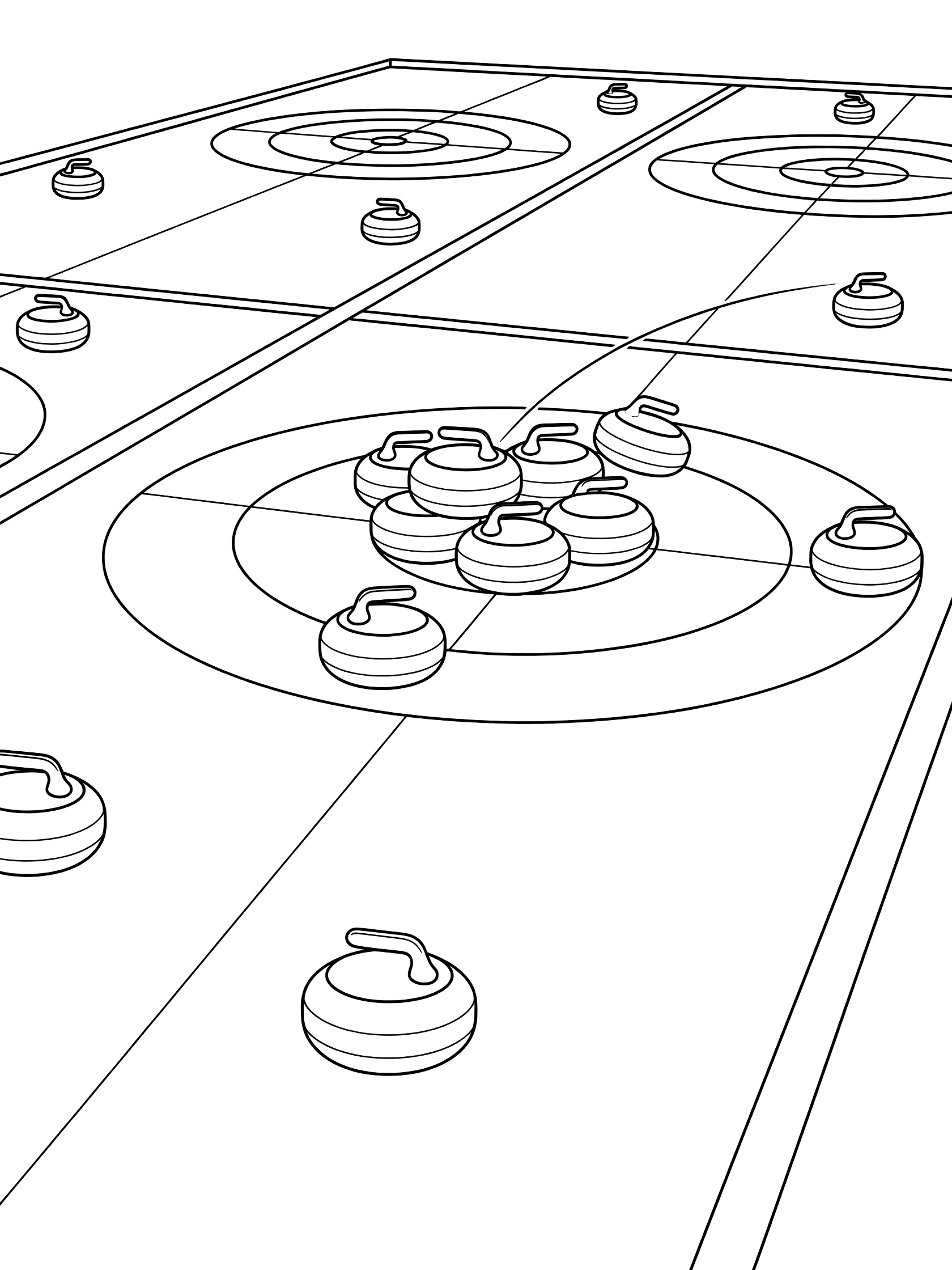 Black and white line art of curling stones colliding in the target house circles on the ice sheet with lane markers