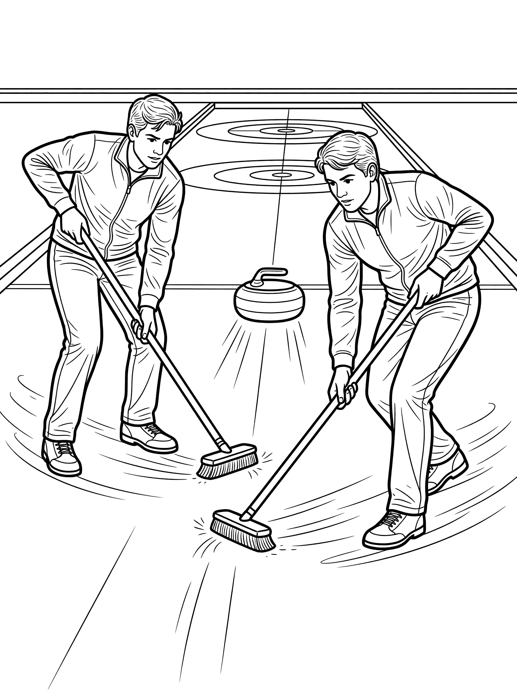 Black and white line art of two curlers in jackets sweeping with brooms in front of a gliding stone toward the house on the ice sheet.