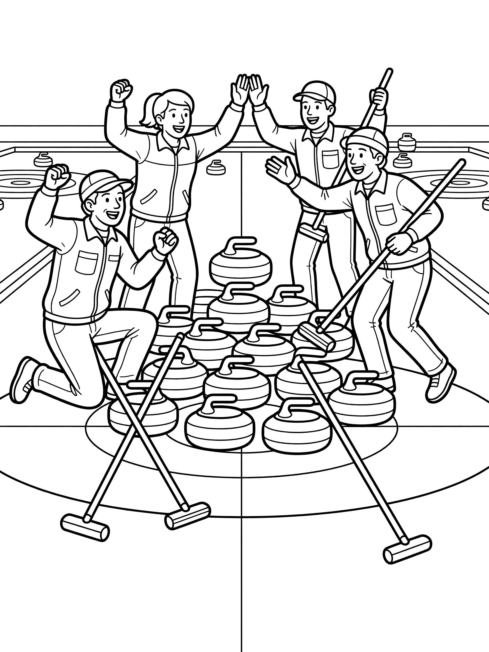 Black-and-white line art of four curlers in uniforms high-fiving around a stack of stones on the ice sheet, with brooms leaning on the rink.