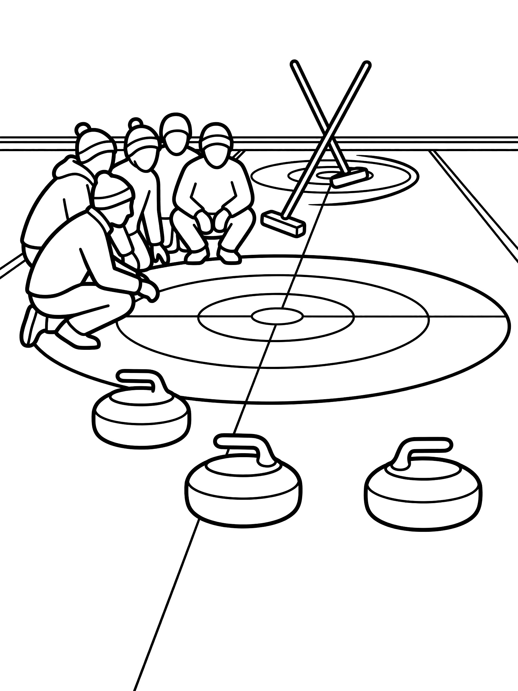 Black and white coloring page of curling broom held high by players in team huddle beside the curling house on ice, with nearby stones.