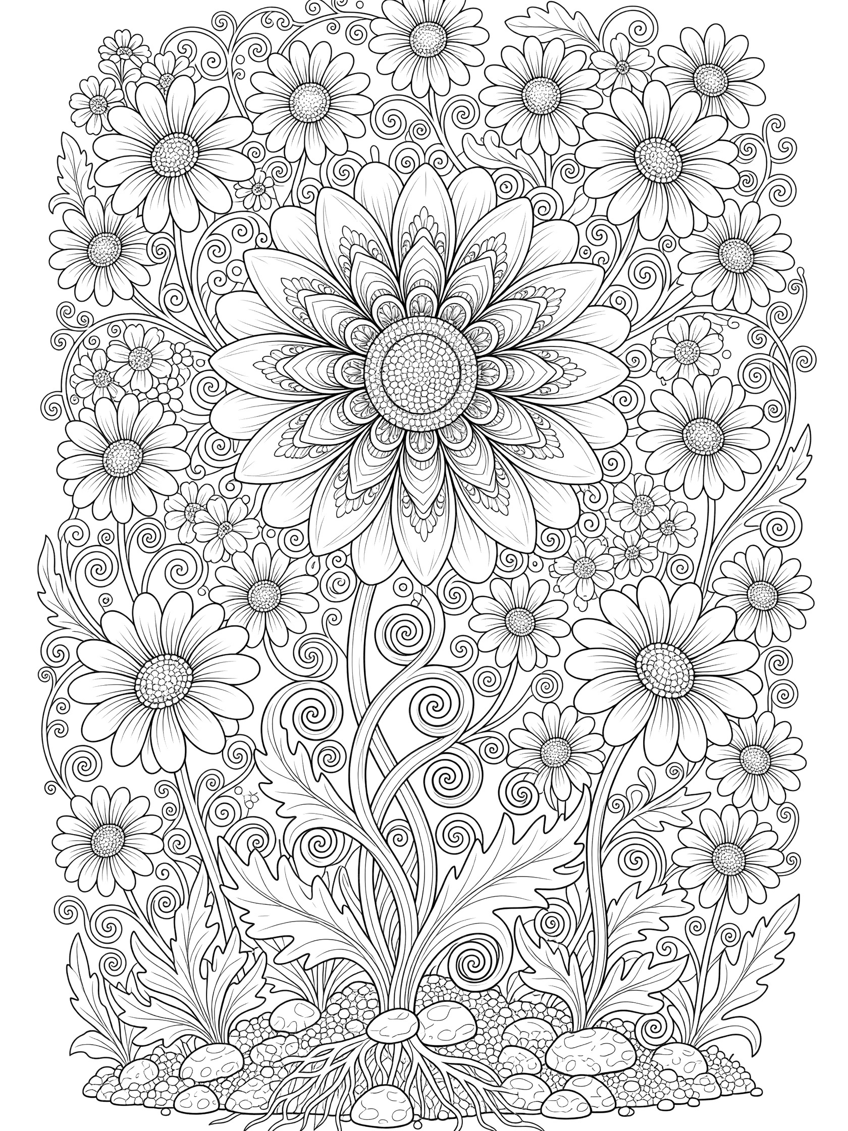 Black and white coloring page of a large daisy with curly stem, small daisies, curly leaves, and garden soil.