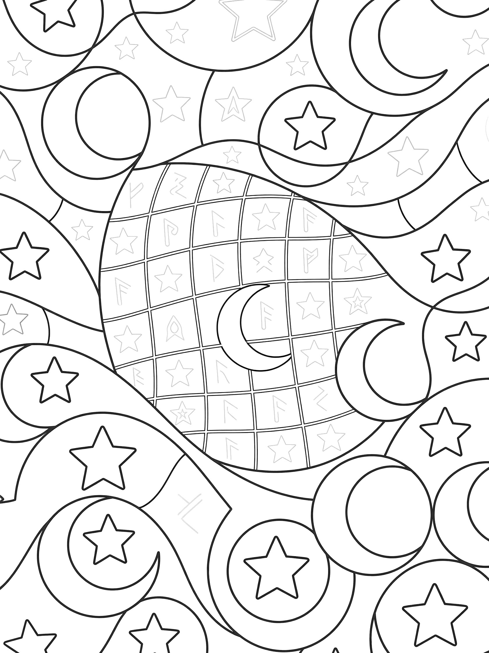 Printable coloring page showing a central curved grid pattern with bending lines, stars, and crescent moons in a magical design.