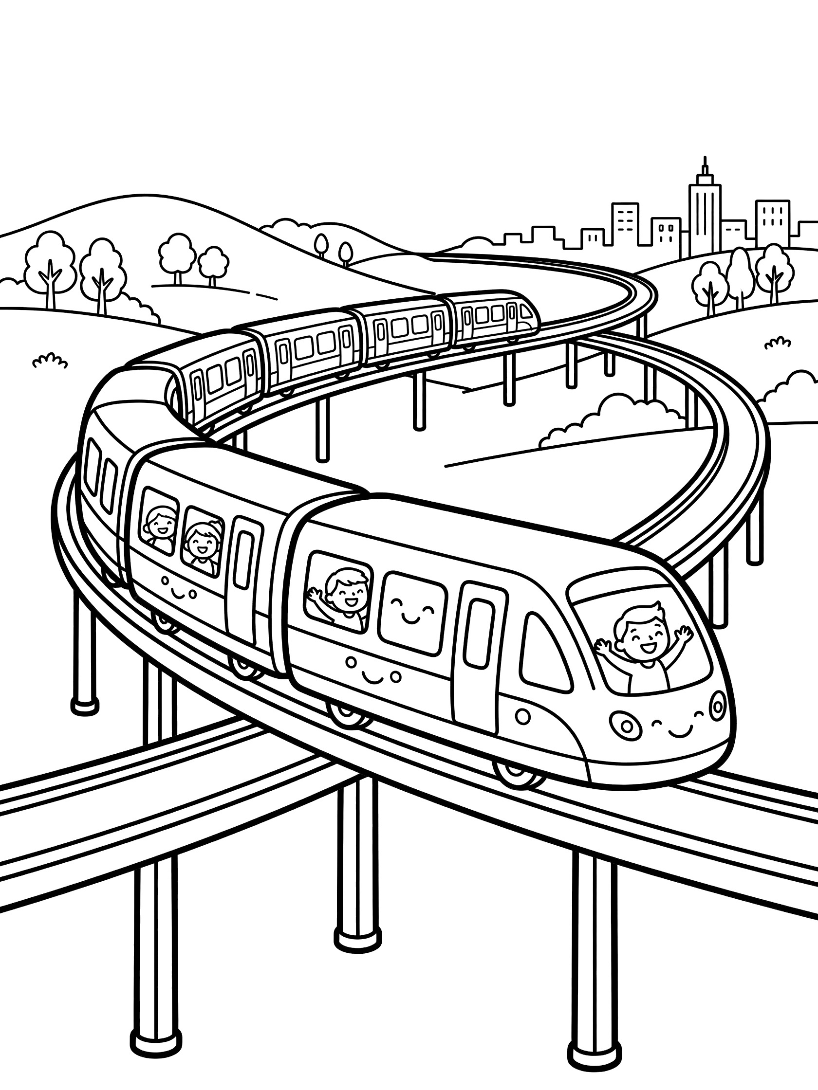Black and white line art of a cute cartoon maglev train curving on elevated magnetic rails with pylons, happy passengers waving, trees, hills, and distant city buildings.