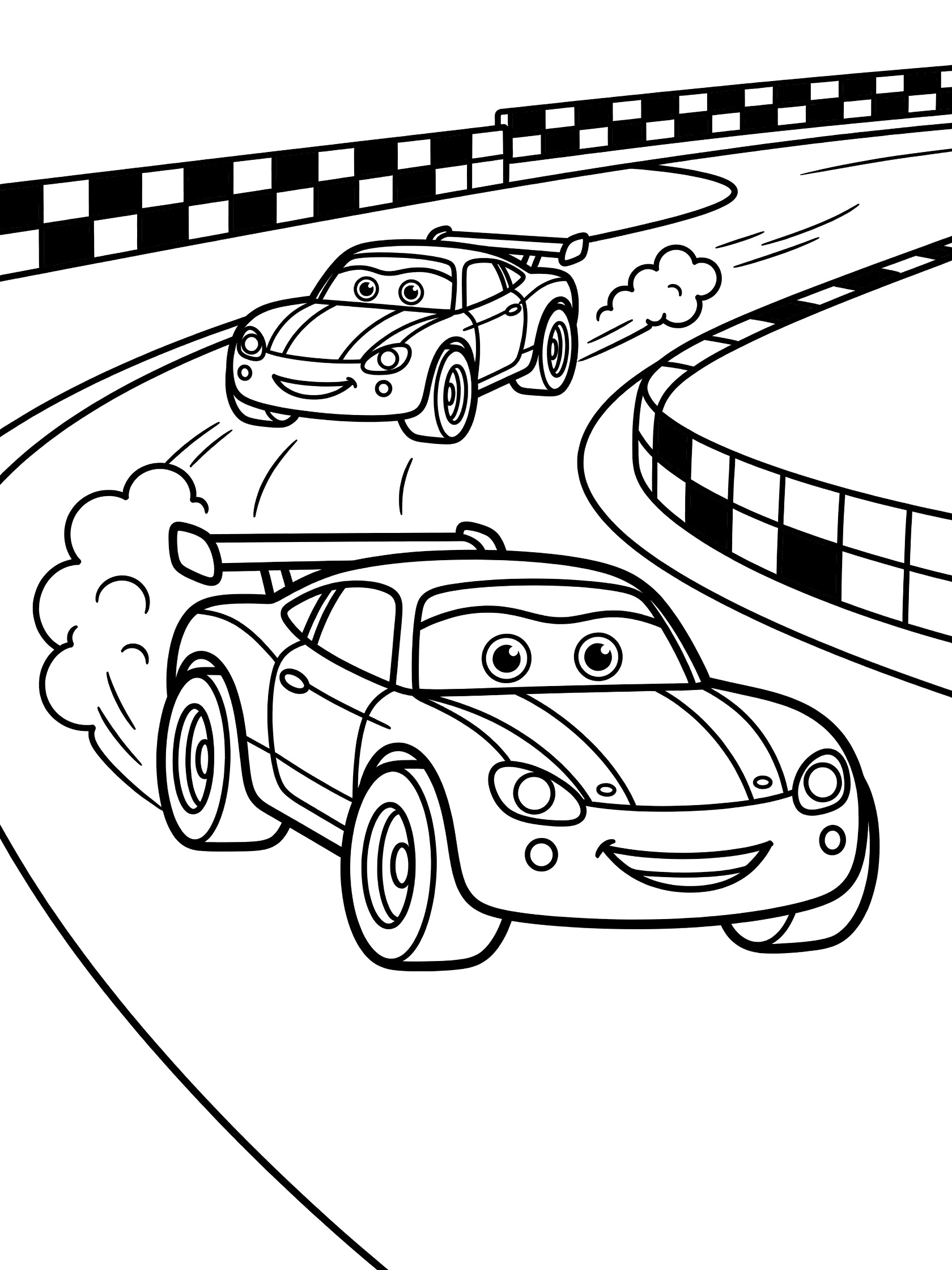 Printable coloring page showing two cartoon race cars speeding around a curving racetrack, one leaning sharply with dust behind oversized tires, checkered flag barriers, and happy eyes on headlights