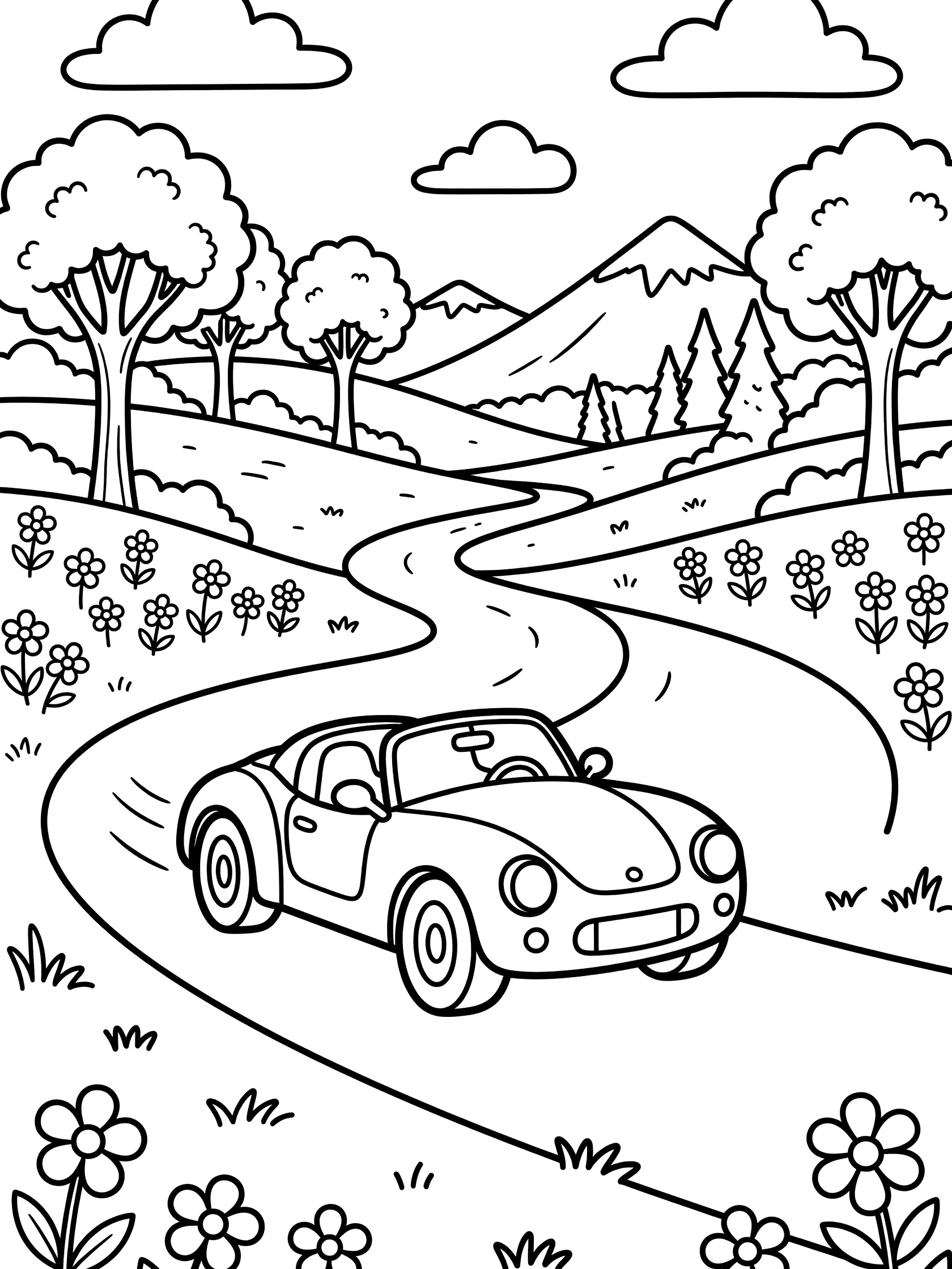 Line art coloring page showing a cartoon roadster leaning into a bend on a winding road with wildflowers, tall trees, rolling hills, distant mountains, and fluffy clouds.