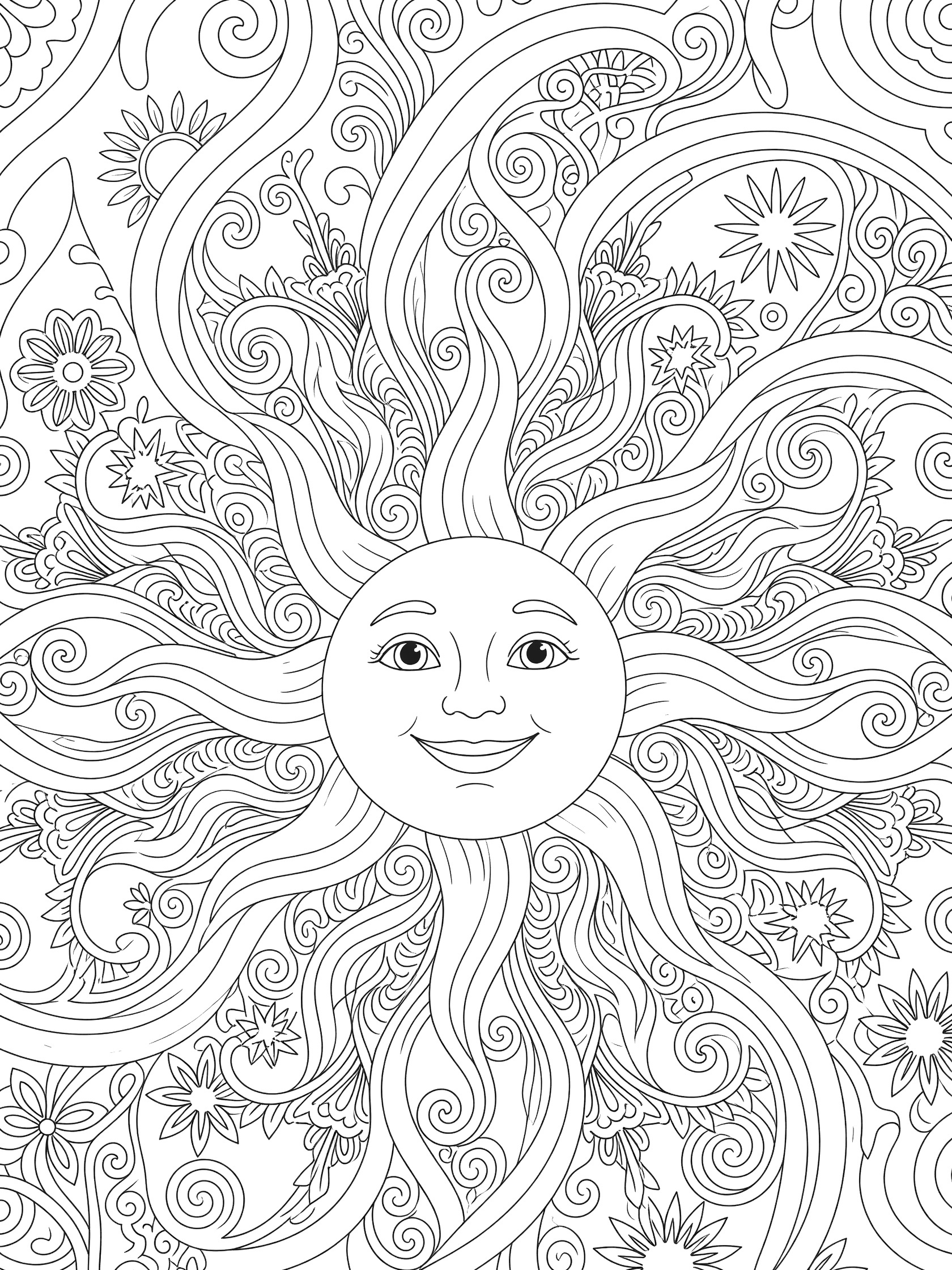Detailed line art coloring page of a smiling sun face in a curvy mandala with flowing rays, stars, vines, and flowers in symmetrical patterns.