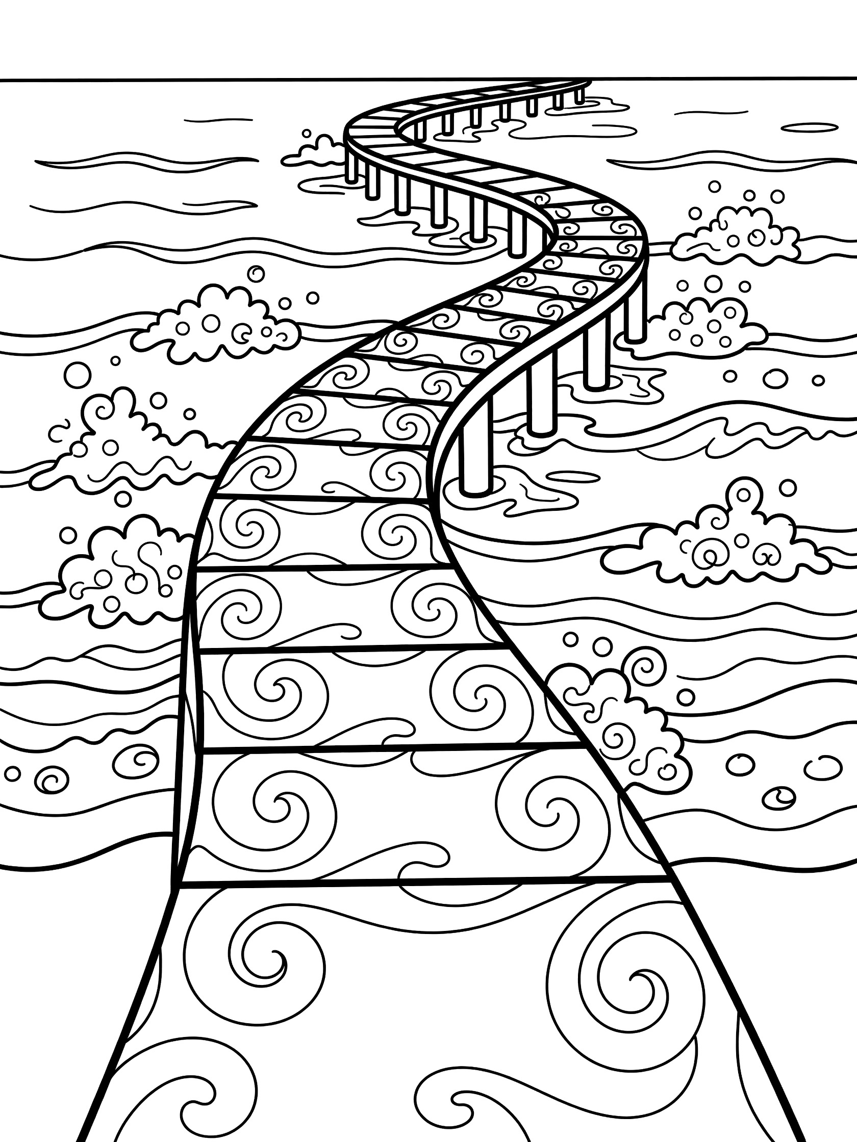 Black and white line art coloring page showing a curving wooden pier over ocean waves with repeating swirls and foam doodles. Jetties themed black and white printable line art