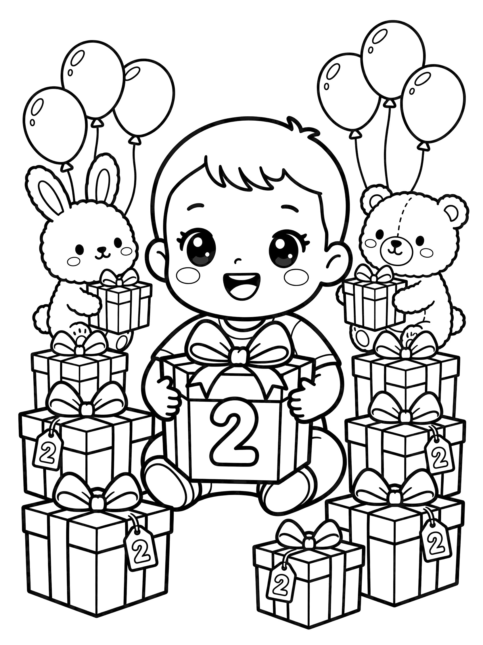 Kawaii style 2nd birthday coloring page featuring cute toddler sitting with large present box marked 2, animal friends bunny and teddy bear with gifts, stacks of presents and balloons.