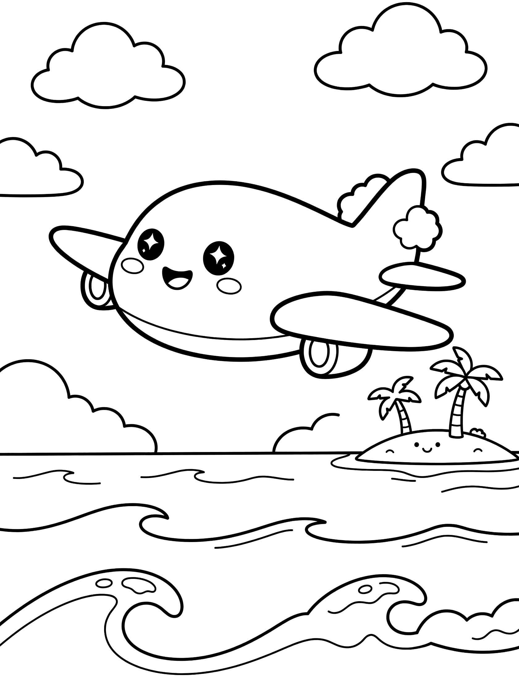 Black and white coloring page of a cute chubby airliner airplane with big eyes and smile soaring over ocean waves, happy island with palms, and fluffy clouds.
