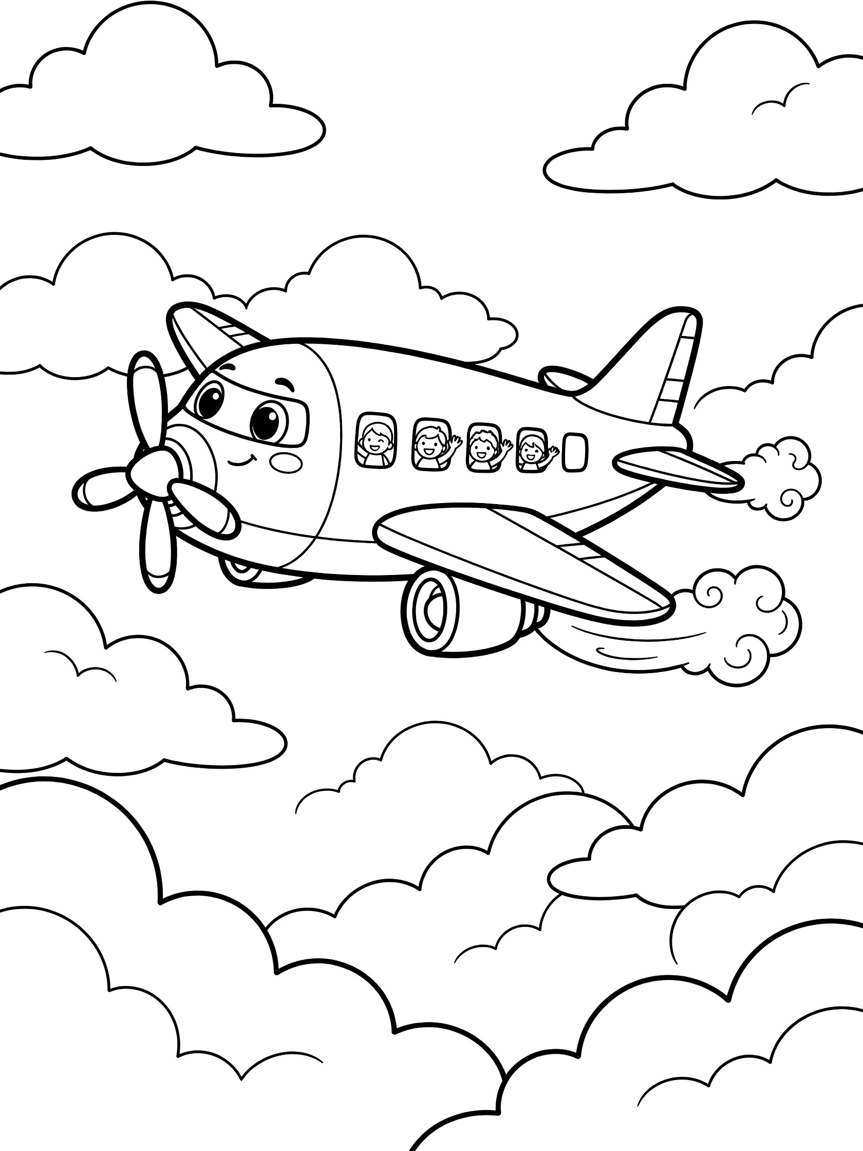 Cartoon airliner coloring page with smiling face, propeller nose, jet trails, and layered clouds in the sky.