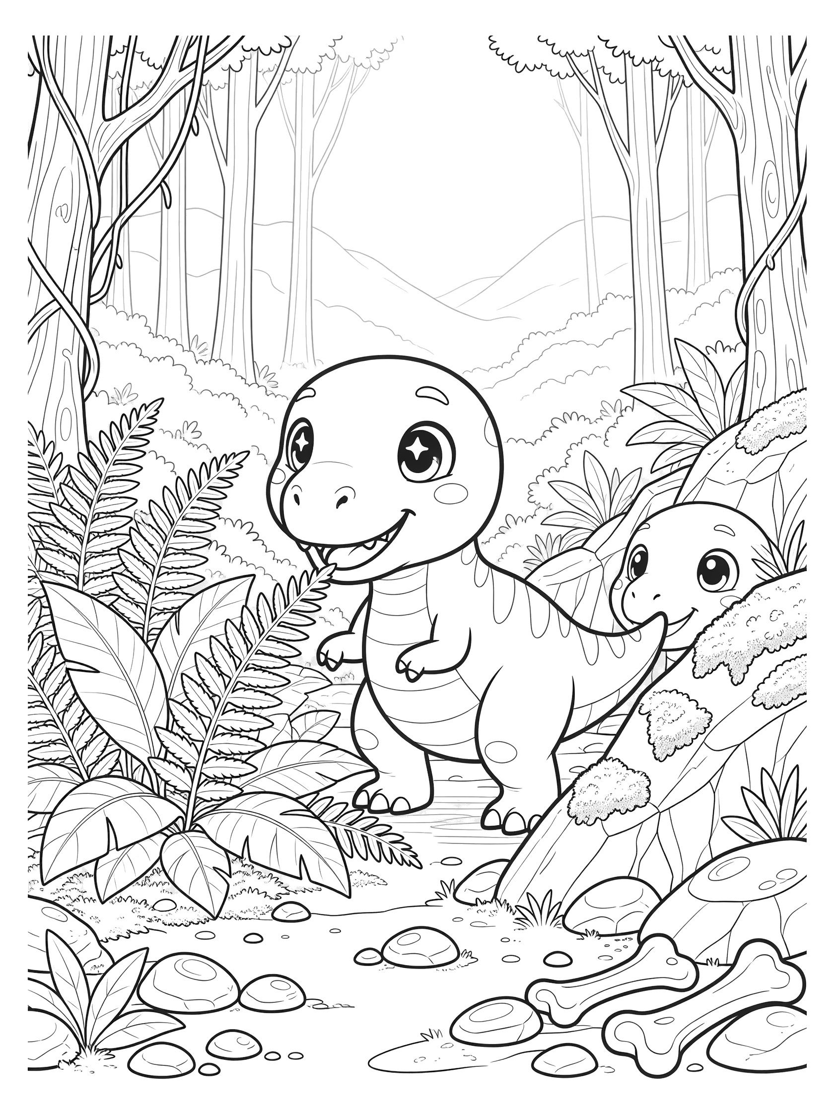Cute Albertosaurus coloring page showing kawaii dinosaur excitedly sniffing ferns, peeking at mossy rocks, discovering pebbles and bones in a detailed prehistoric forest scene.