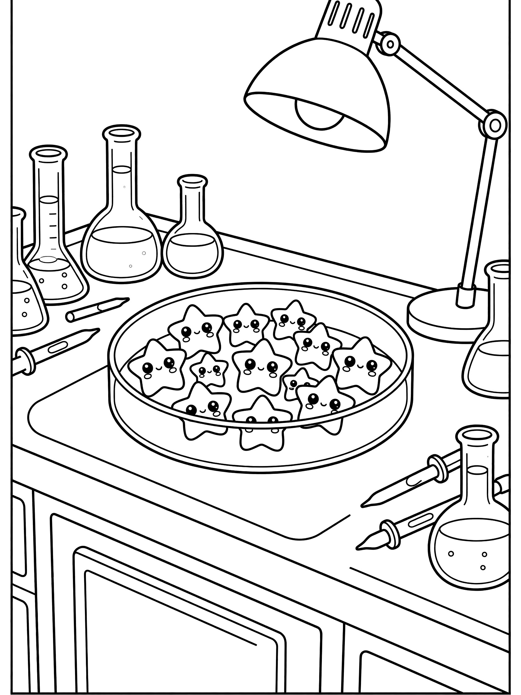 Black and white line art of a petri dish with cute star-shaped alien microbes on a sci-fi lab bench with lab light, flasks, and pipettes.