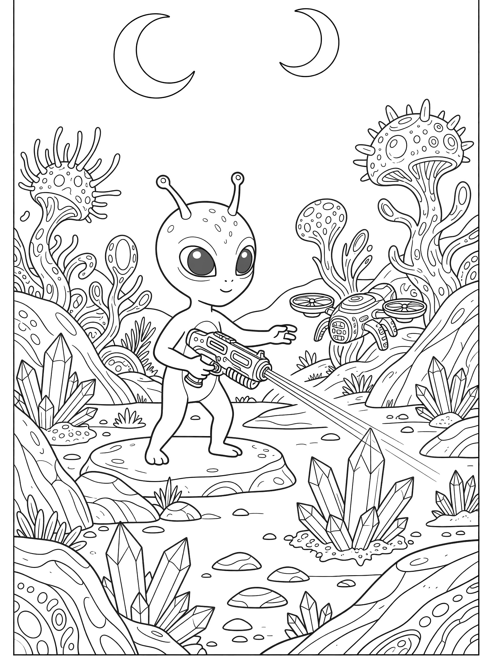 Black-and-white coloring page of cute alien scout holding laser blaster, beaming light at crystals on alien planet with twin moons, bizarre plants, hovering drone, and rocks.