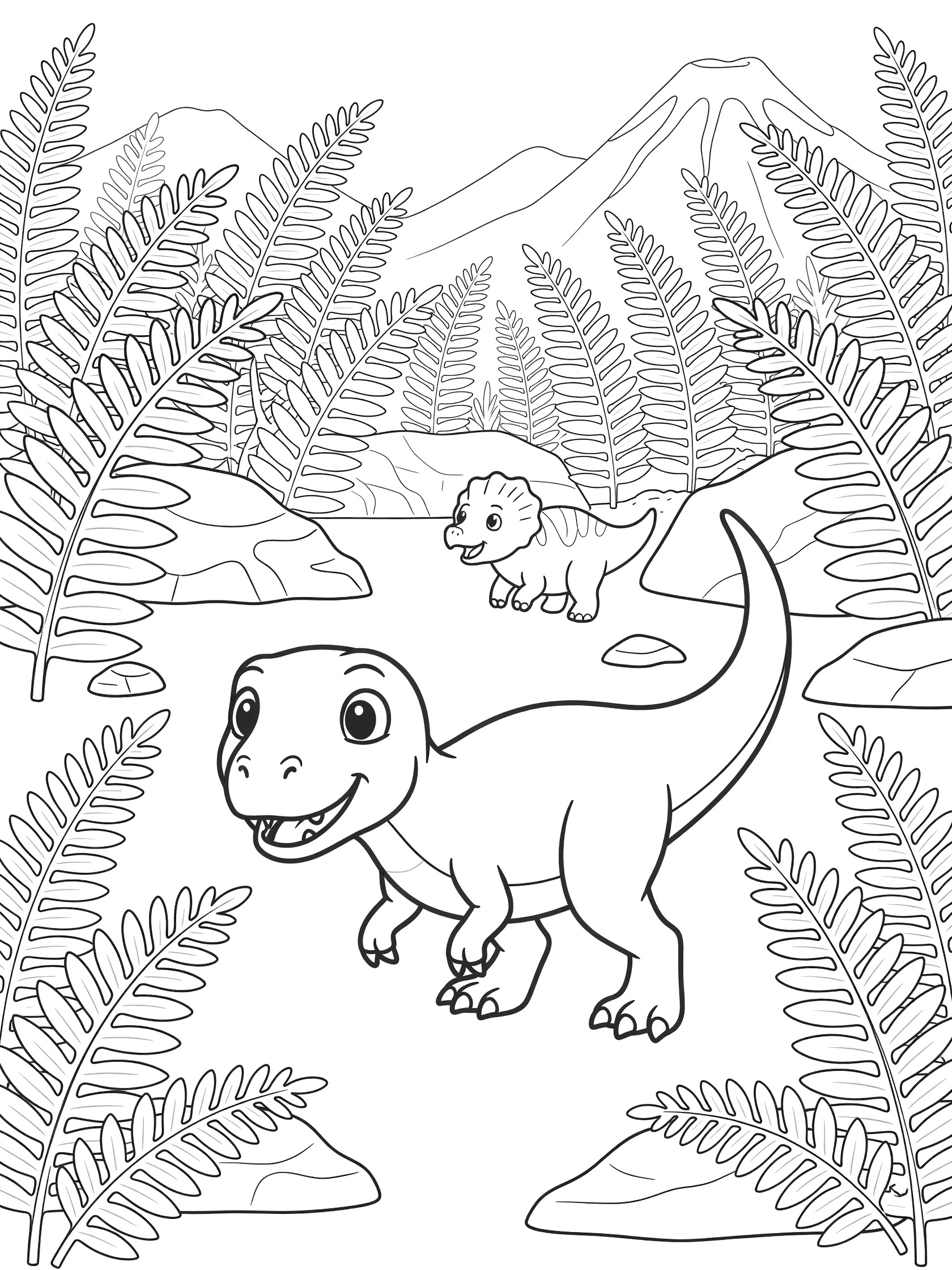 Black-and-white line art of a cute Allosaurus dinosaur stalking low through tall ferns toward a fleeing baby dinosaur, surrounded by rocks and distant mountains.