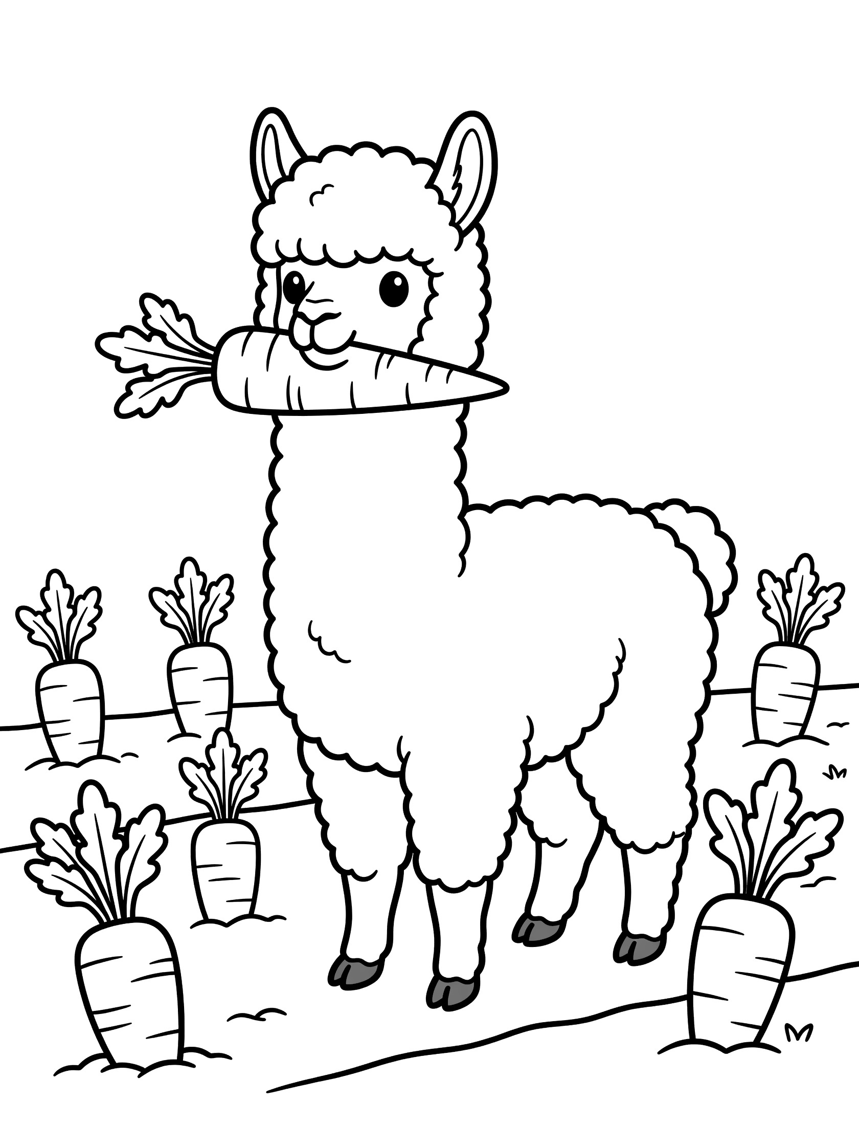 Black and white line art coloring page showing a cute alpaca with fluffy fur holding a large carrot in its mouth, surrounded by carrots growing in soil. Alpacas themed black and white printable line art