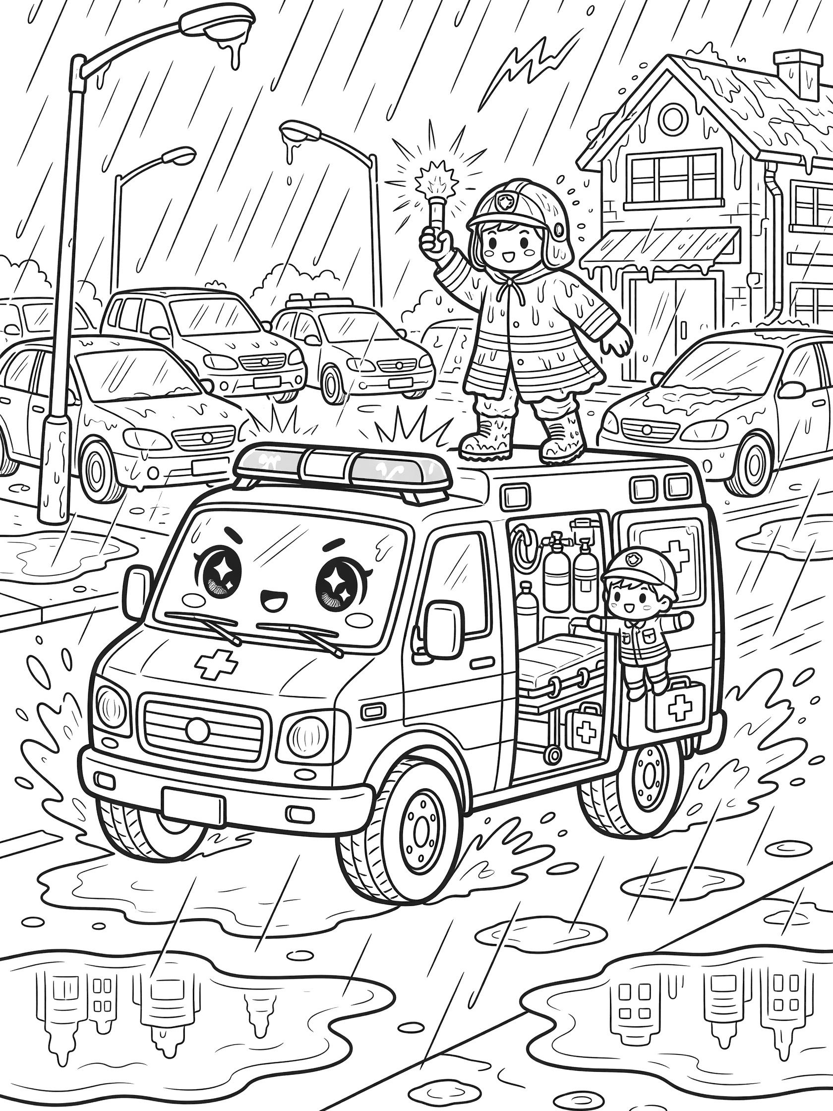 Black and white coloring page of a cute chibi ambulance with big eyes driving on a rainy street, splashing puddles, with a waving firefighter on top, parked cars, and falling rain.
