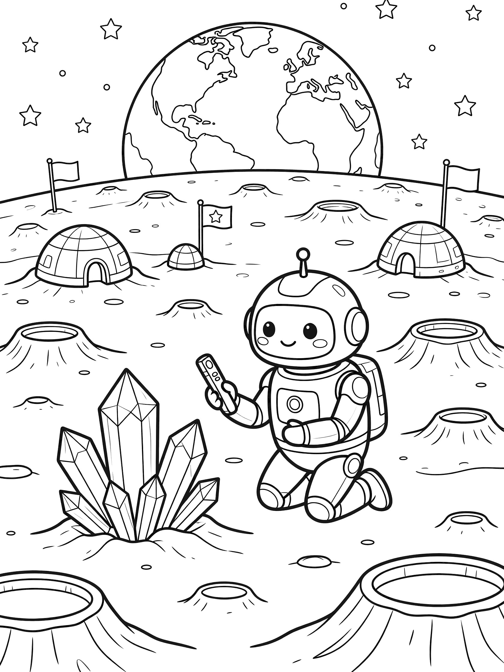 Cute android robot kneeling on moon base scanning crystals with handheld device under starry sky with Earth, surrounded by domes and flags coloring page