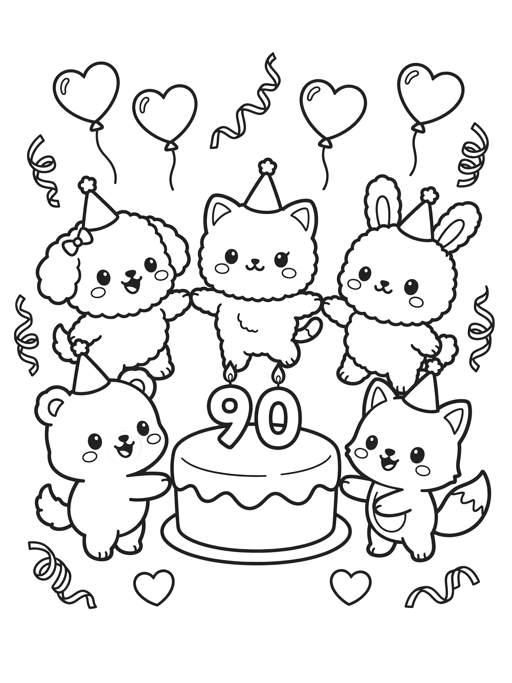Black and white line art of five adorable chibi animals with big eyes and party hats dancing in a circle around a round cake with 90 candles for a 90th birthday, surrounded by hearts and ribbons.
