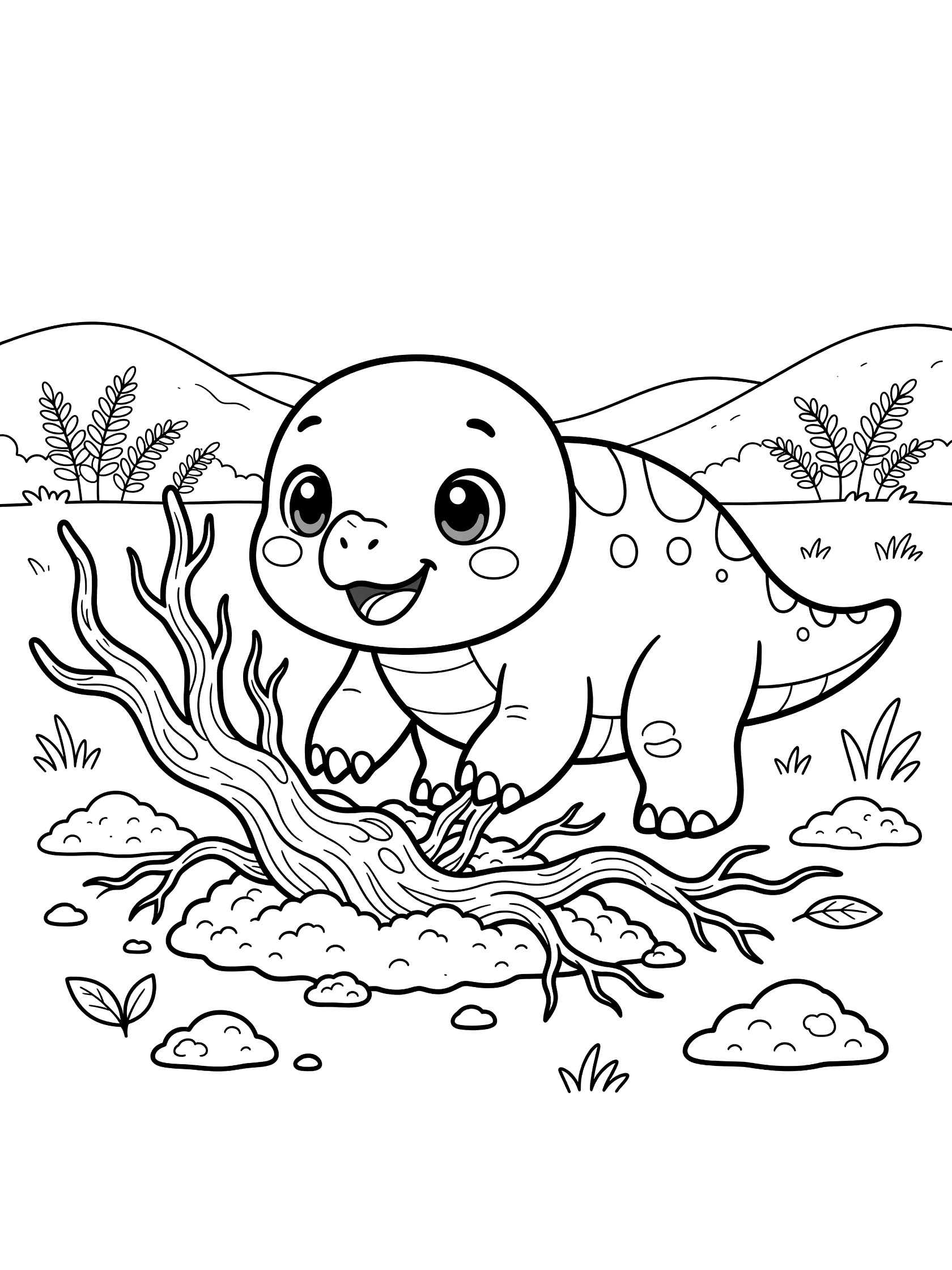 Black-and-white coloring page of a kawaii Ankylosaurus dinosaur digging thick roots from the ground with big sparkling eyes and a smile, surrounded by soil clumps, leaves, ferns, and hills.