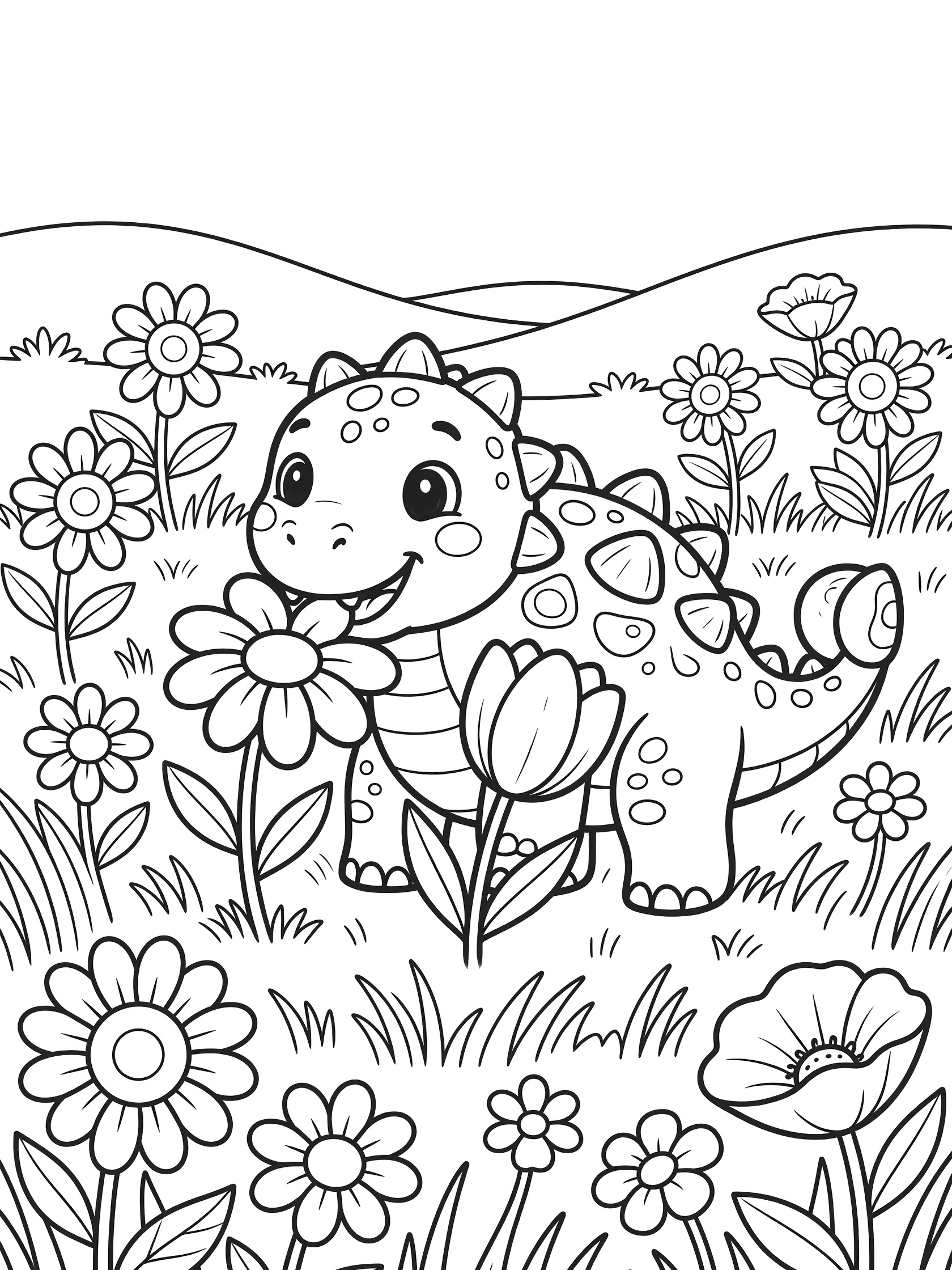 Black and white line art of a friendly Ankylosaurus dinosaur standing in a flower meadow eating oversized daisies and tulips, with rolling hills in the background.