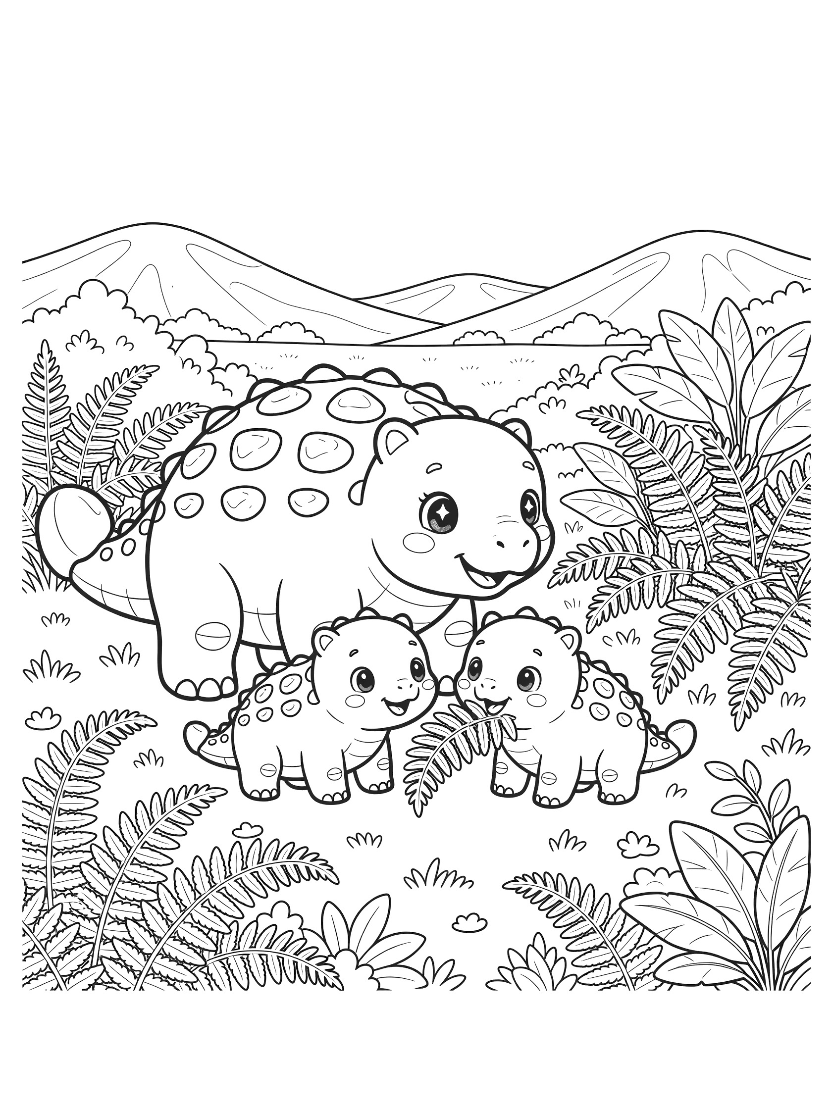 Black and white line art of chubby Ankylosaurus mom with sparkling eyes smiling at two playful baby Ankylosauruses eating ferns amid bushes and hills.