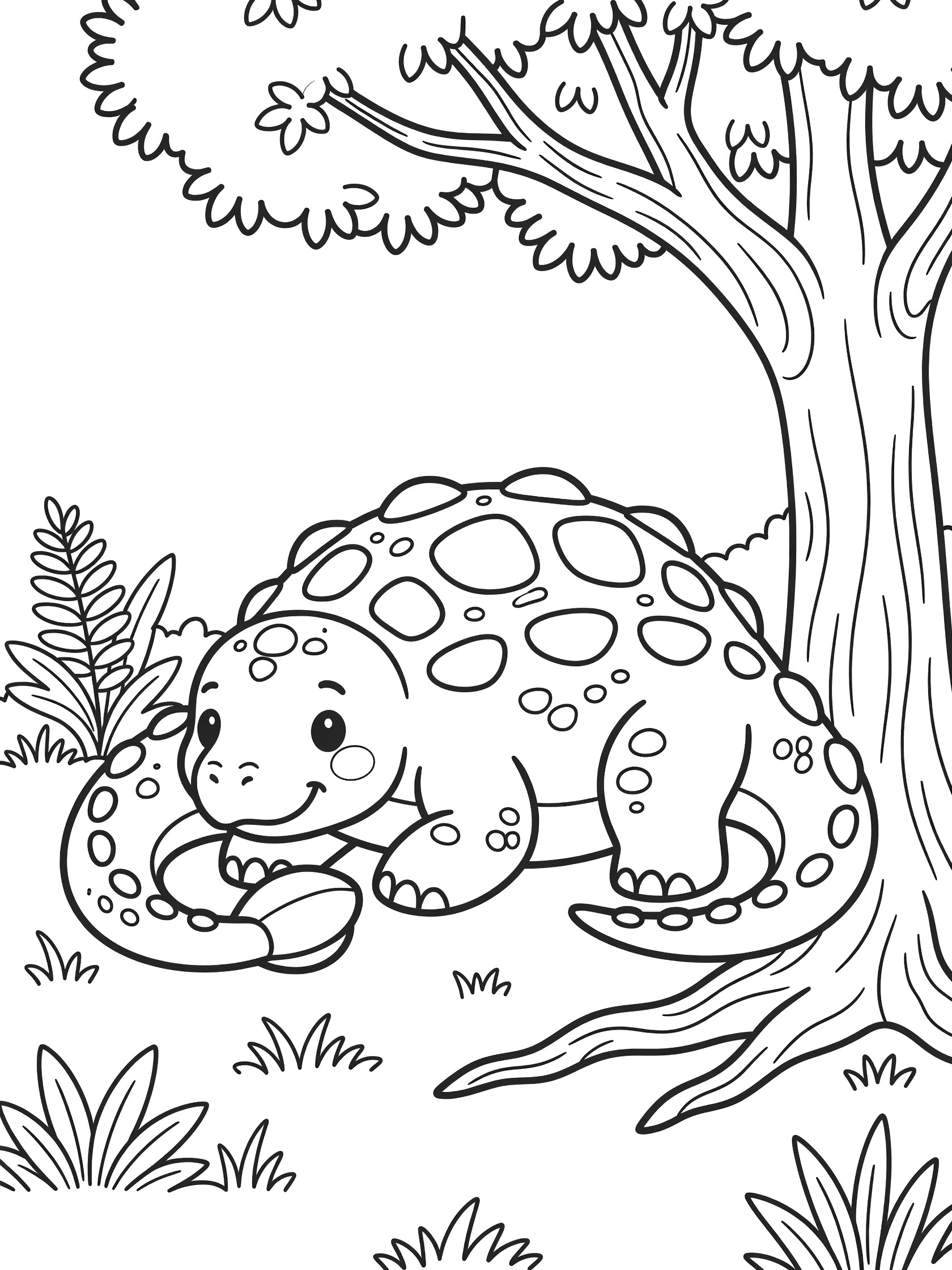 Black and white coloring page of a cartoon Ankylosaurus lying under a big tree with friendly eyes, bumpy armor, clubbed tail, grass, and ferns.