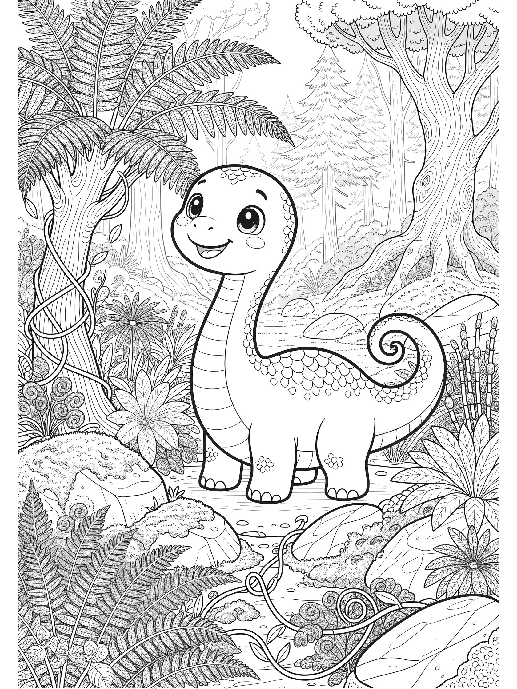 Kawaii Apatosaurus coloring page showing the happy dinosaur with long neck nibbling fern leaves amid prehistoric plants, vines, rocks and misty trees.