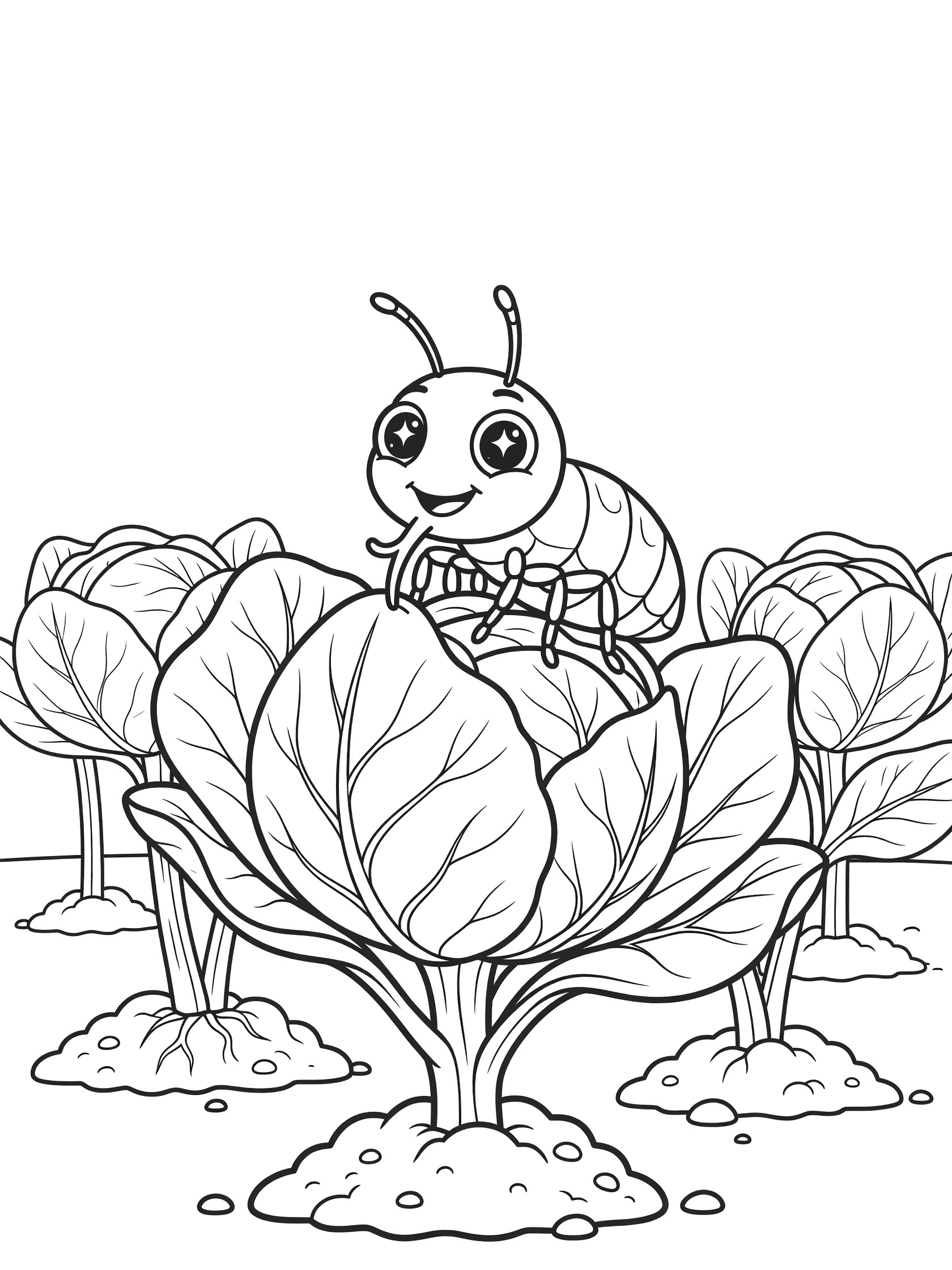 Cartoon aphid with big eyes and smile sitting on a large cabbage leaf surrounded by garden dirt mounds, line art coloring page