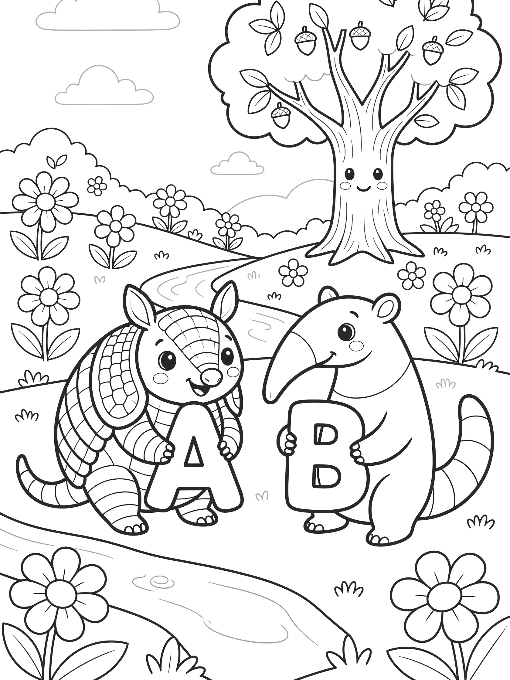 Black and white coloring page of two cute kawaii armadillos with big eyes holding letters A and B, standing by a tree with acorns, flowers, clouds, and a stream in a nature setting.
