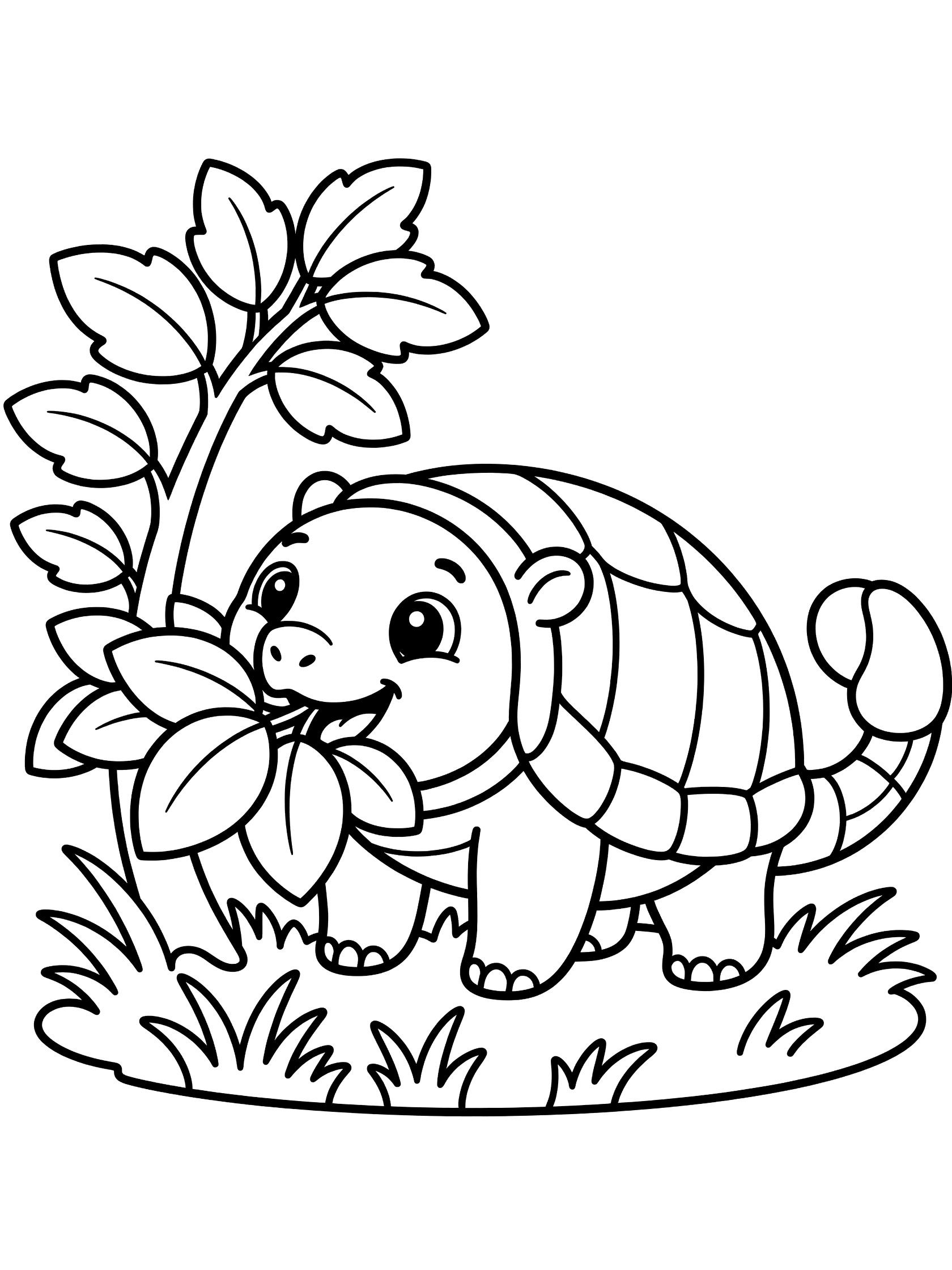 Black and white line art coloring page showing a cute armadillo with big eyes eating oversized leaves from a bush, standing on grass. Glyptodon themed black and white printable line art