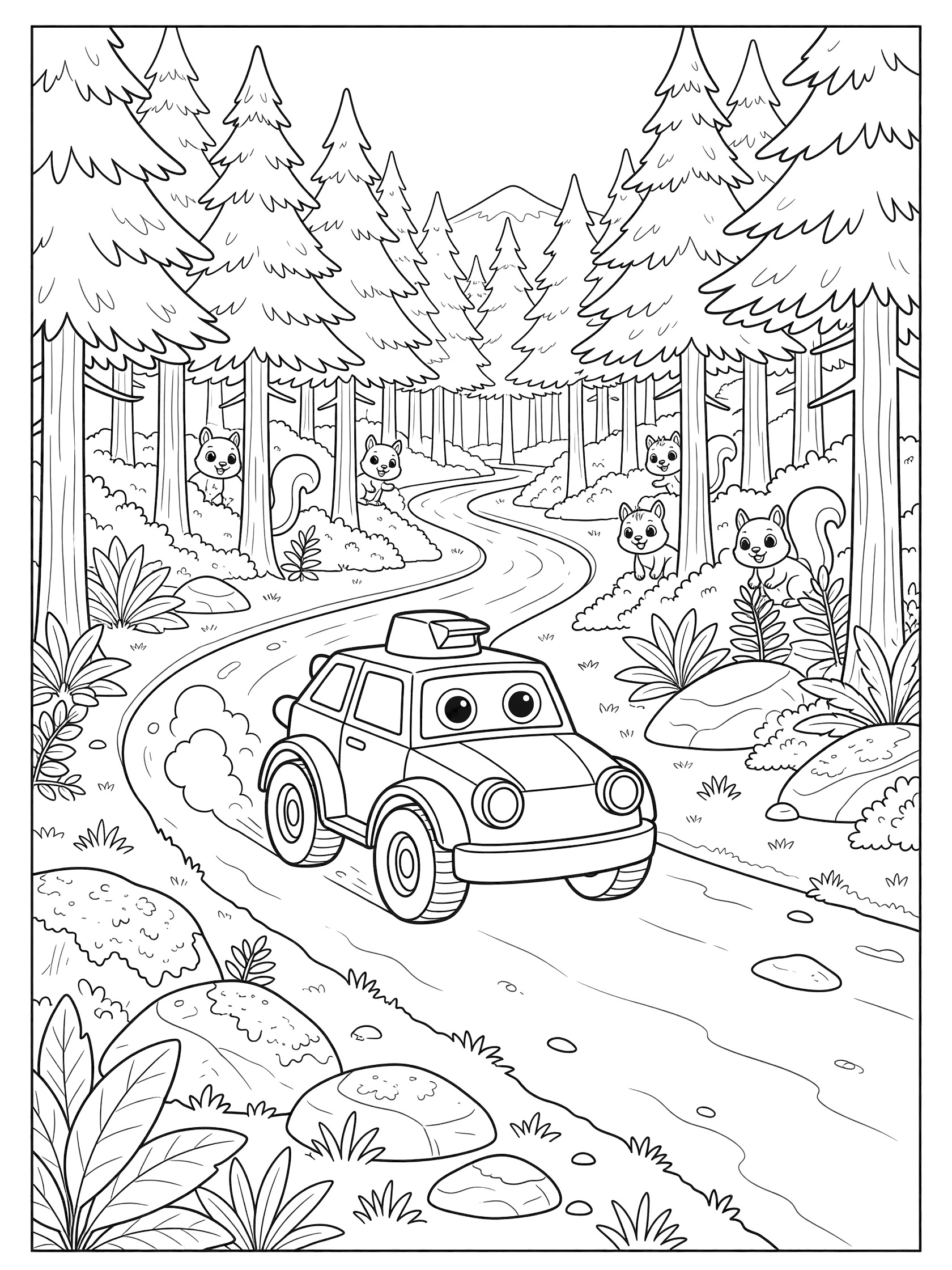 Cute cartoon armored car with big round headlights like eyes and friendly turret on a dirt path in forest with tall pine trees, playful squirrels, ferns, mossy rocks, dust clouds, and distant mountains coloring page