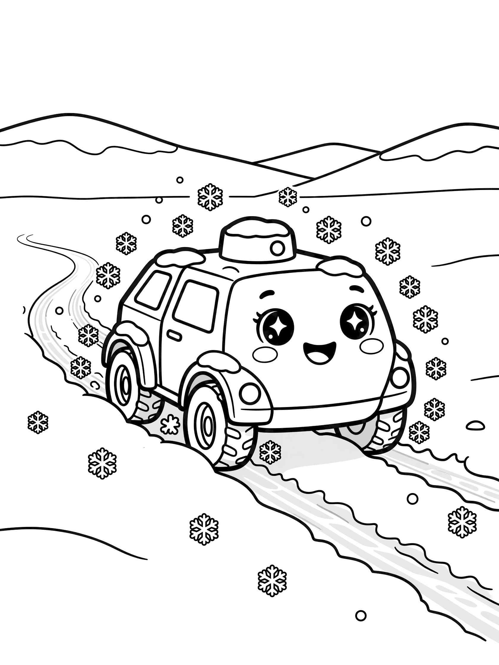 Black-and-white line art of a cute armored car with sparkling eyes, rosy cheeks, and smile driving in snowy tundra leaving tire tracks, with snowflakes and hills.