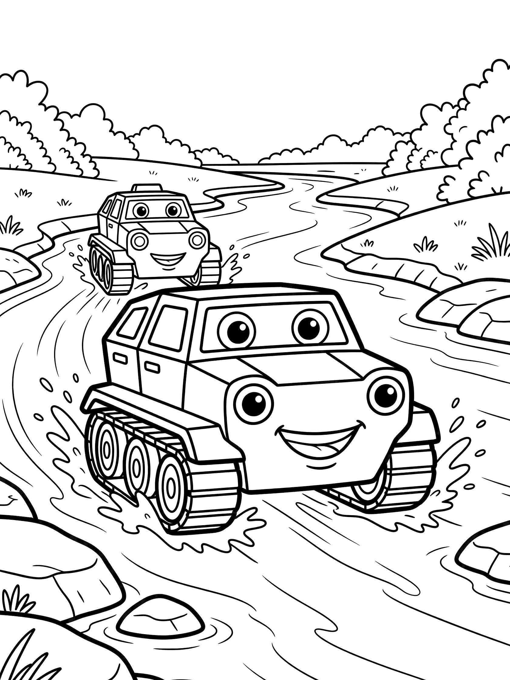 Printable coloring page showing two cheerful cartoon armored cars crossing a shallow river, lead car with big eyes and grin splashing through waves, second car following, bushes and trees on banks.