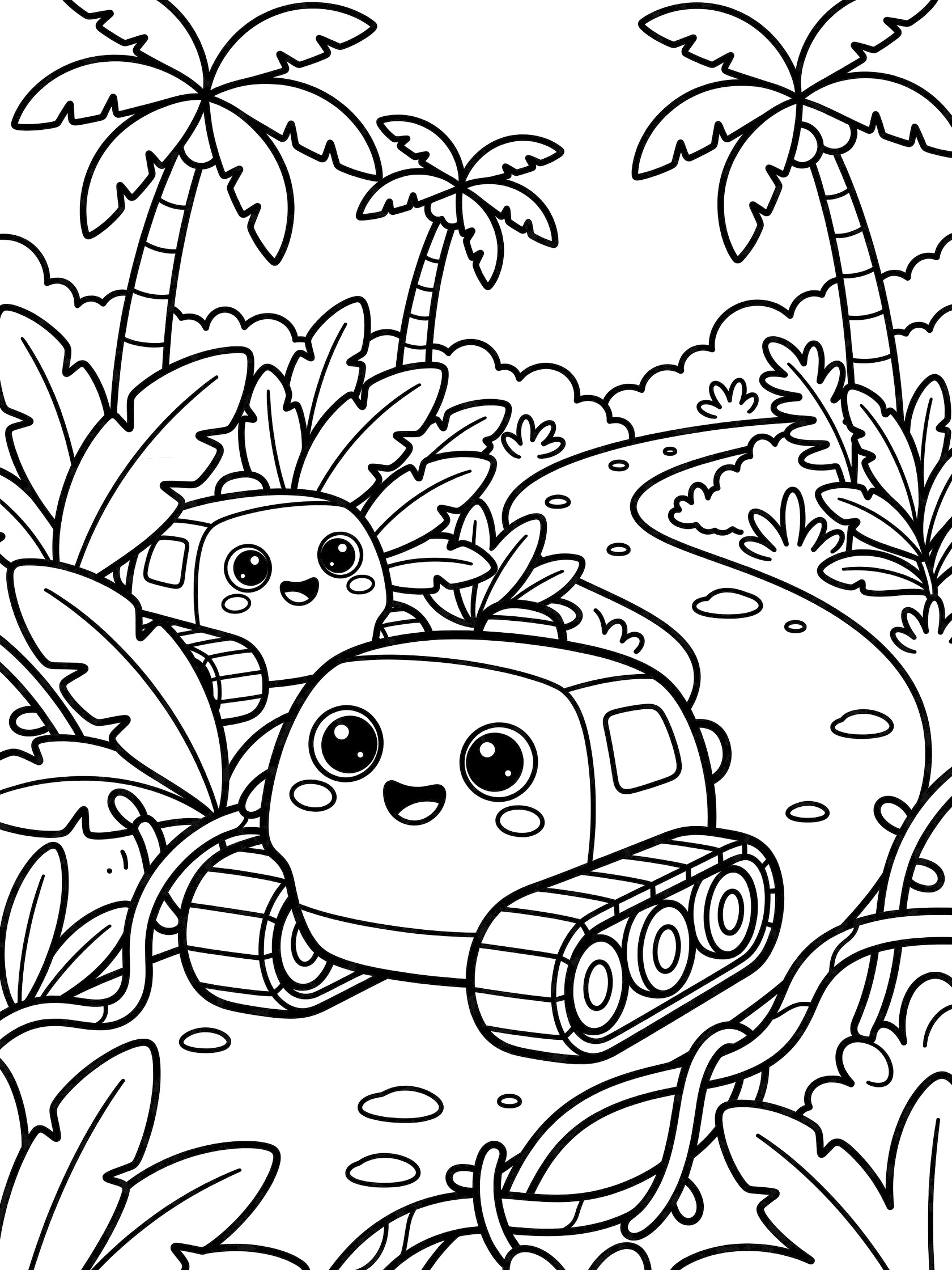 Kawaii armored cars coloring page showing a lead car with round eyes and rosy cheeks pushing through jungle leaves, with a peeking follow car, palm trees, and ferns.