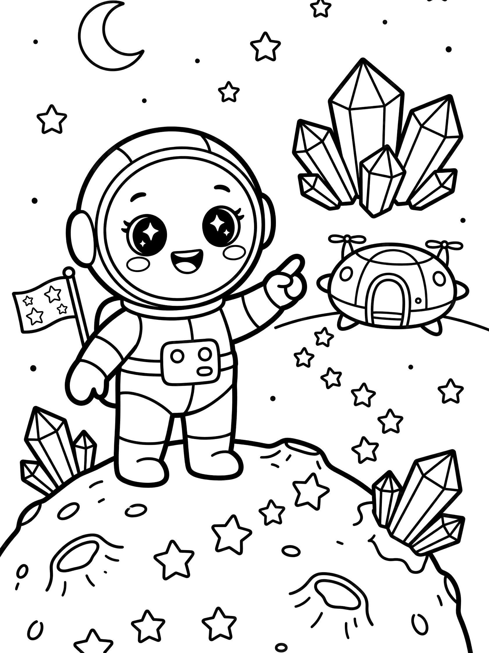 Black and white coloring page showing a happy chibi astronaut standing on alien planet surface, pointing at large crystals and flowers, holding starry flag, with rounded spacecraft nearby and starry space background.