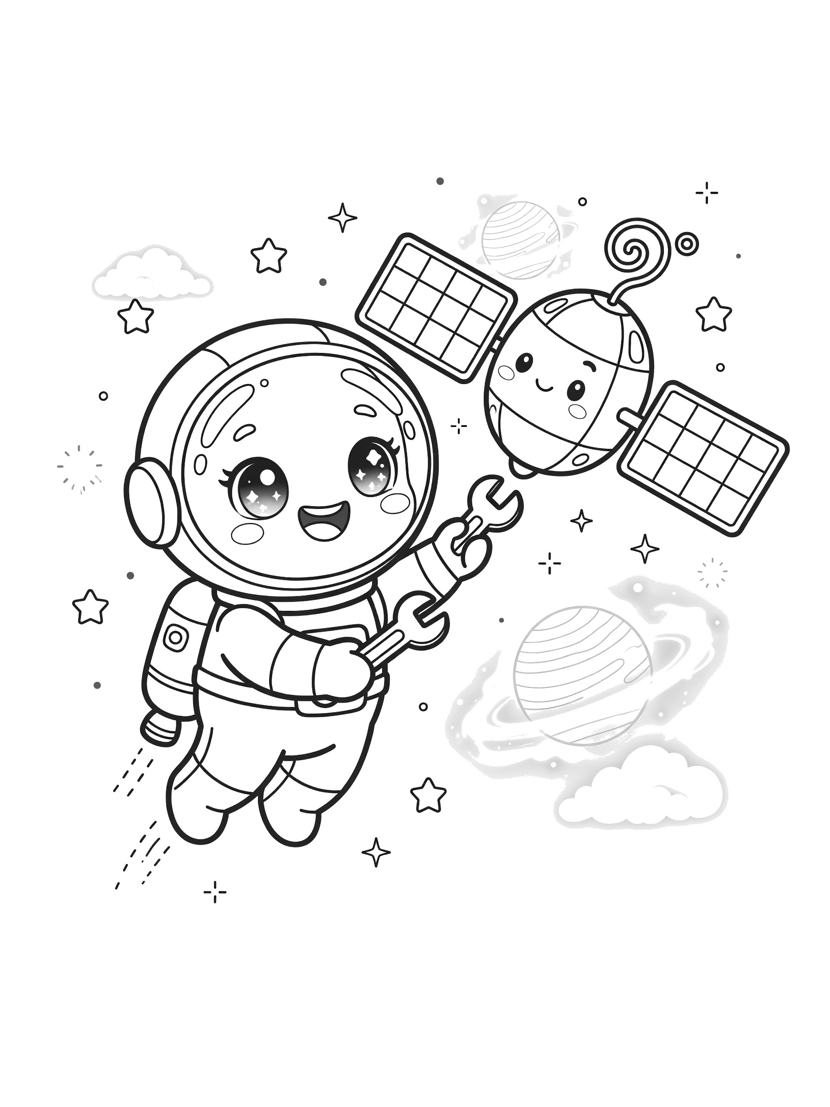 Black and white line art of cute astronaut using jetpack and wrench on rounded satellite with solar panels, antenna, stars, planet, and nebula in space.