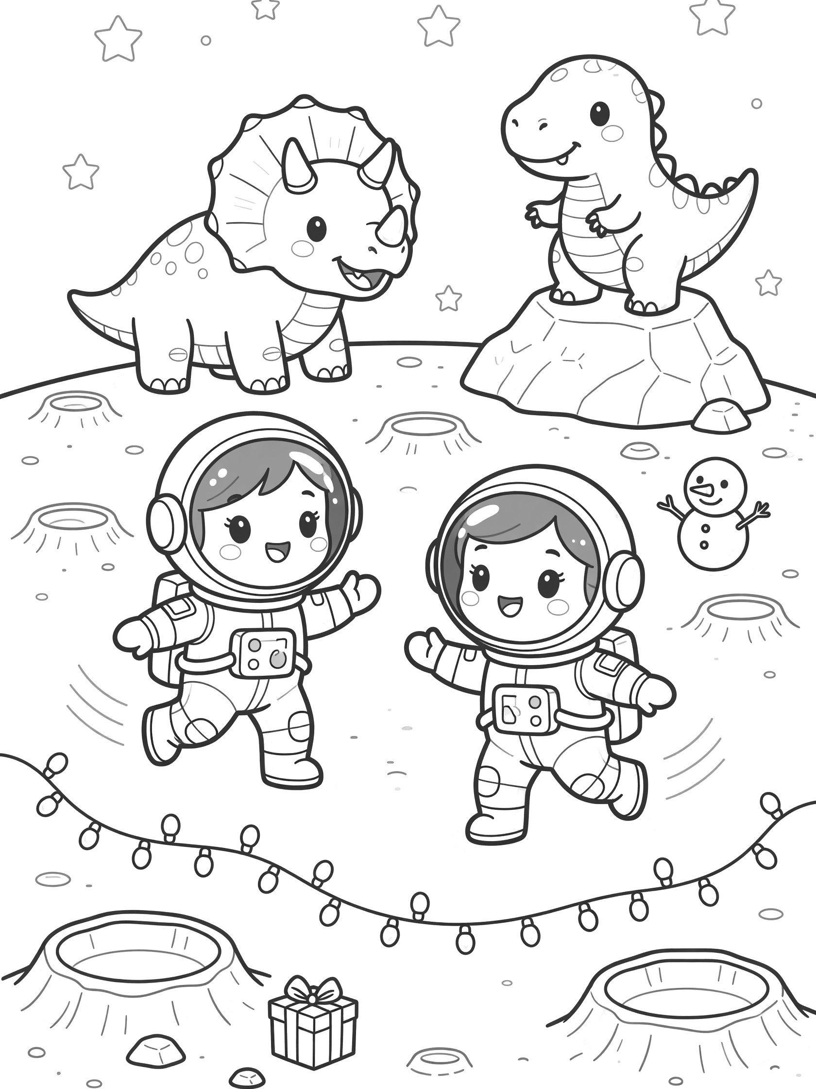 Kawaii astronauts in spacesuits jumping like moon walk with a cute dinosaur on the moon surface, surrounded by craters, Christmas lights, snowman, and a gift box coloring page