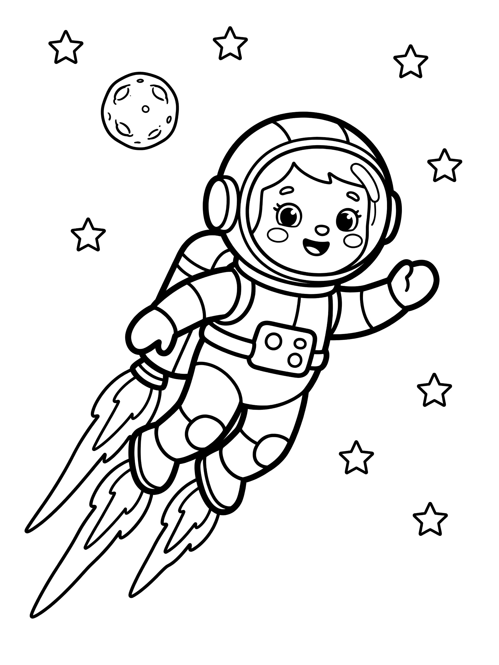 Black and white line art coloring page showing a happy cute astronaut in a spacesuit with jetpack, flying with exhaust flames, surrounded by stars and a crescent moon.
