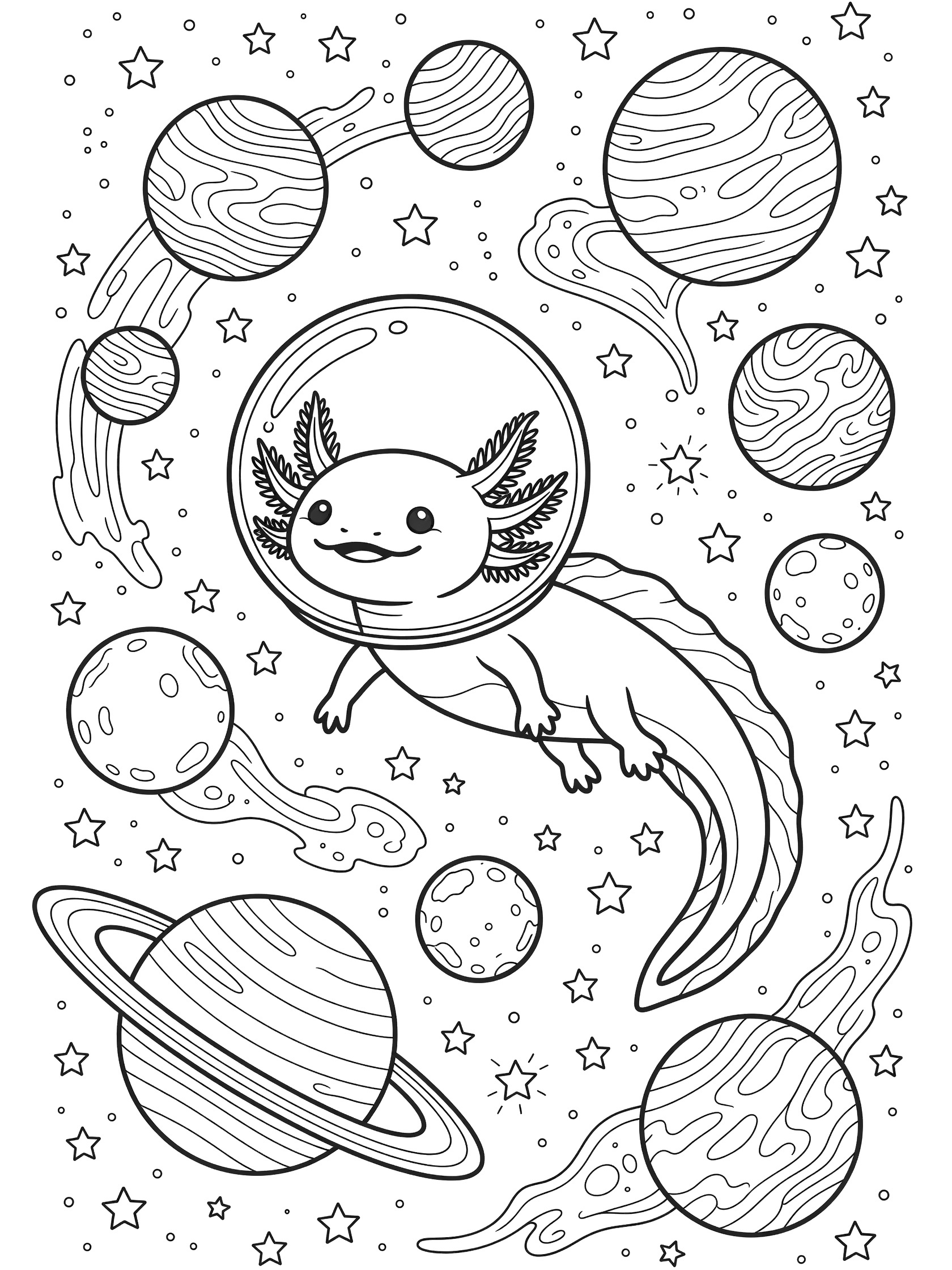 Black and white line art coloring page showing a smiling axolotl in a bubble helmet astronaut suit floating among round planets with rings, stars, and swirls in outer space.