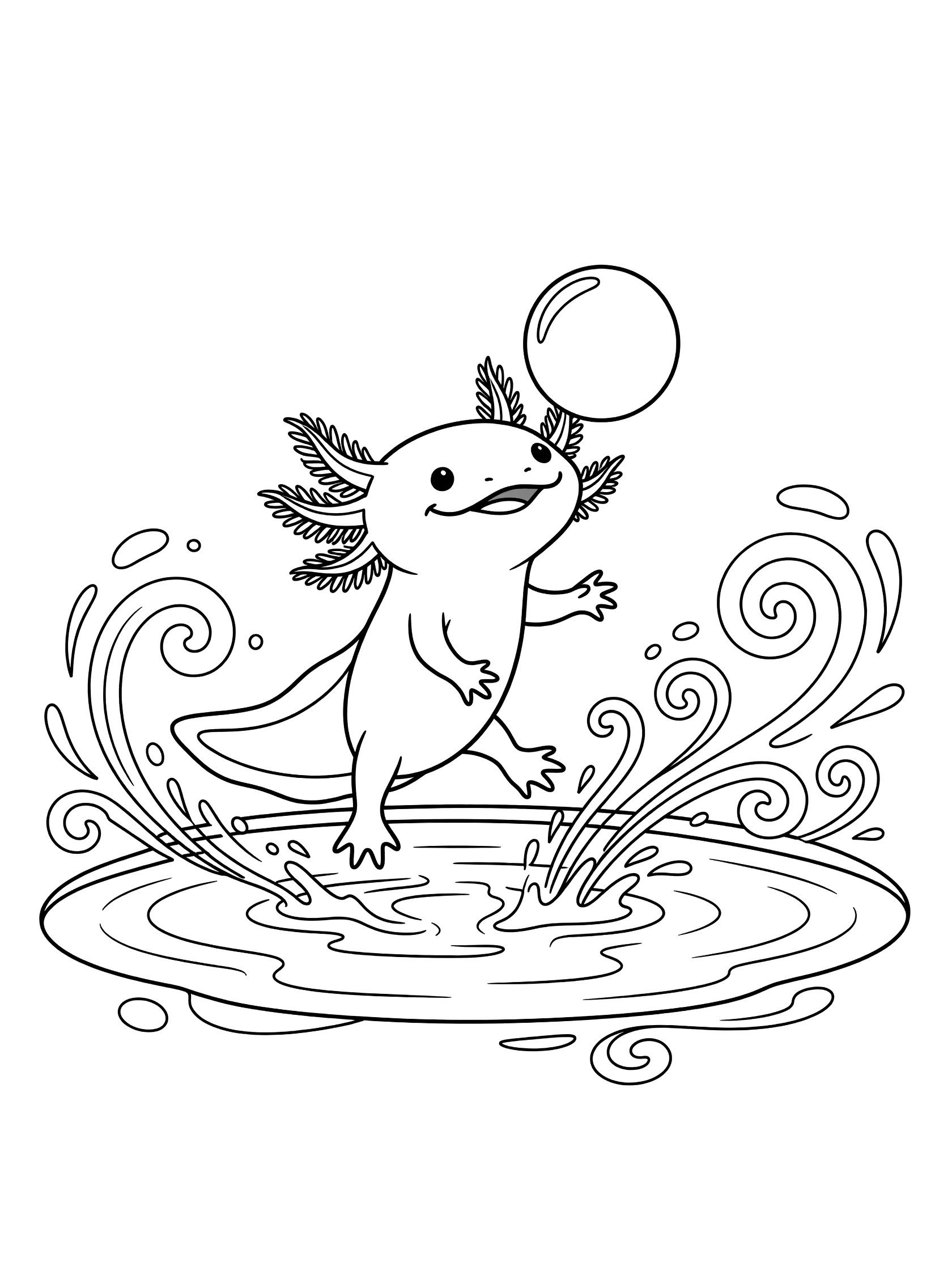 Black and white line art coloring page showing a happy axolotl balancing a round bubble on its nose while standing in a shallow pond with water swirls.