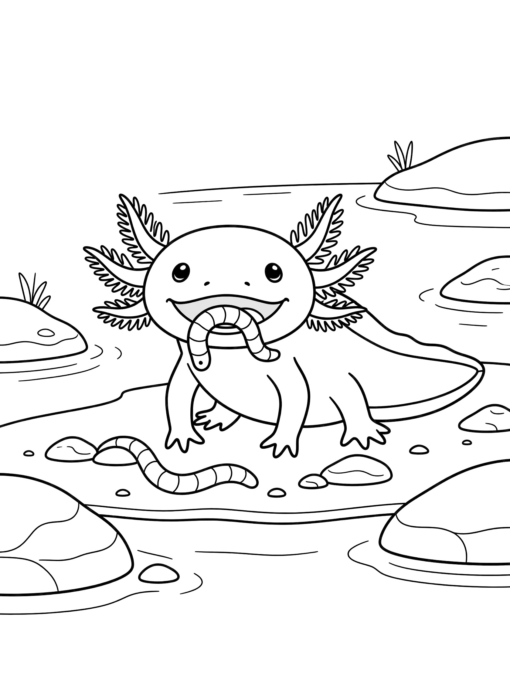 Black and white line art coloring page showing a cute axolotl with gills eating a worm, sitting on a riverbed with rocks, plants, and water