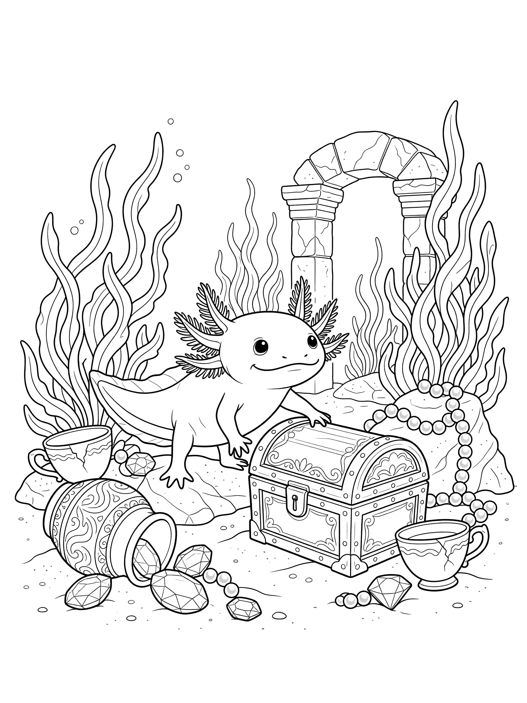 Black and white line art coloring page showing a cute axolotl next to an open treasure chest with coins, jewels, cups and seaweed in an underwater scene.